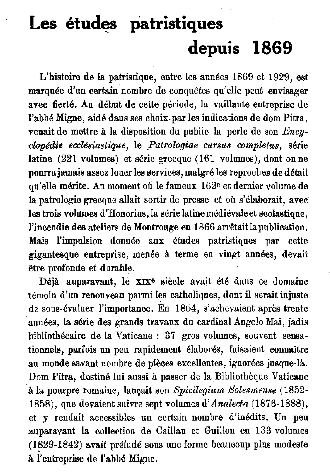 Les études patristiques depuis 1869