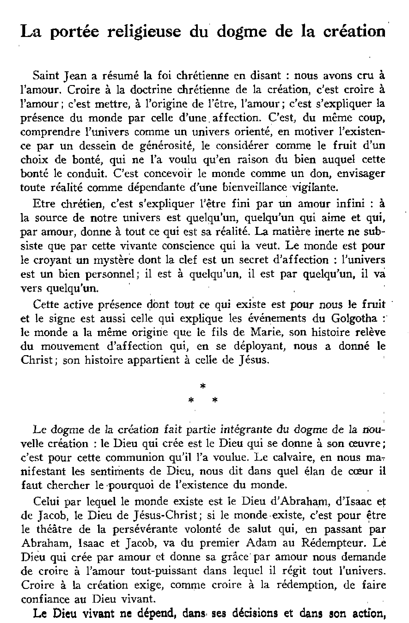 La portée religieuse du dogme de la création