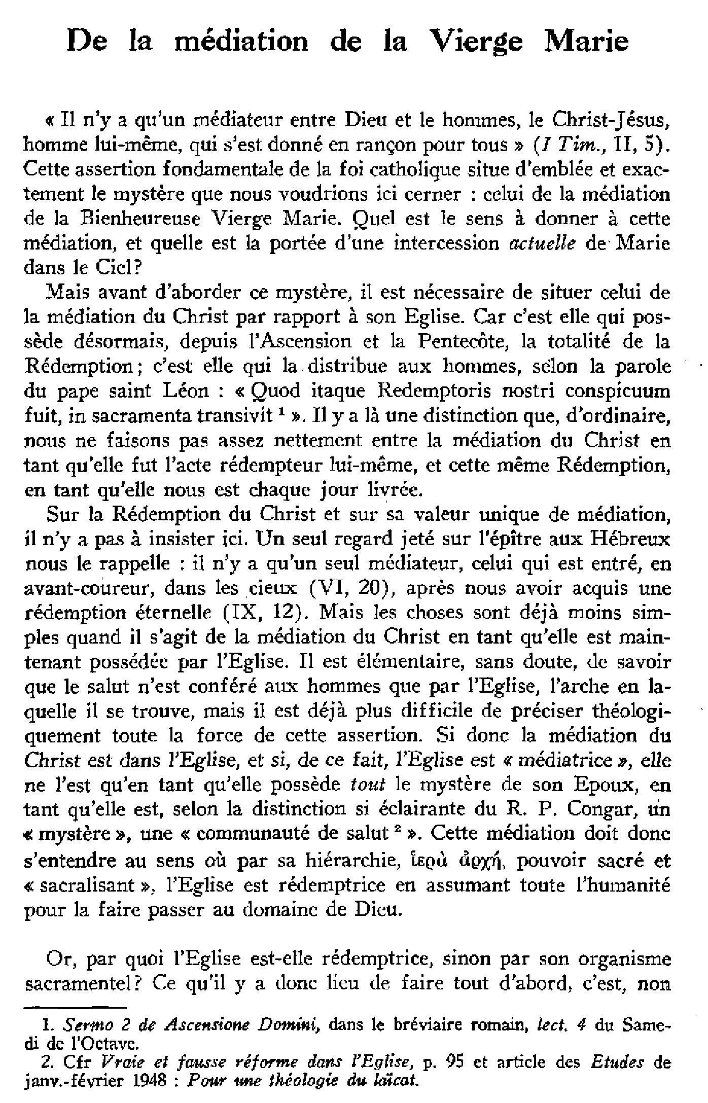De la médiation de la Vierge Marie