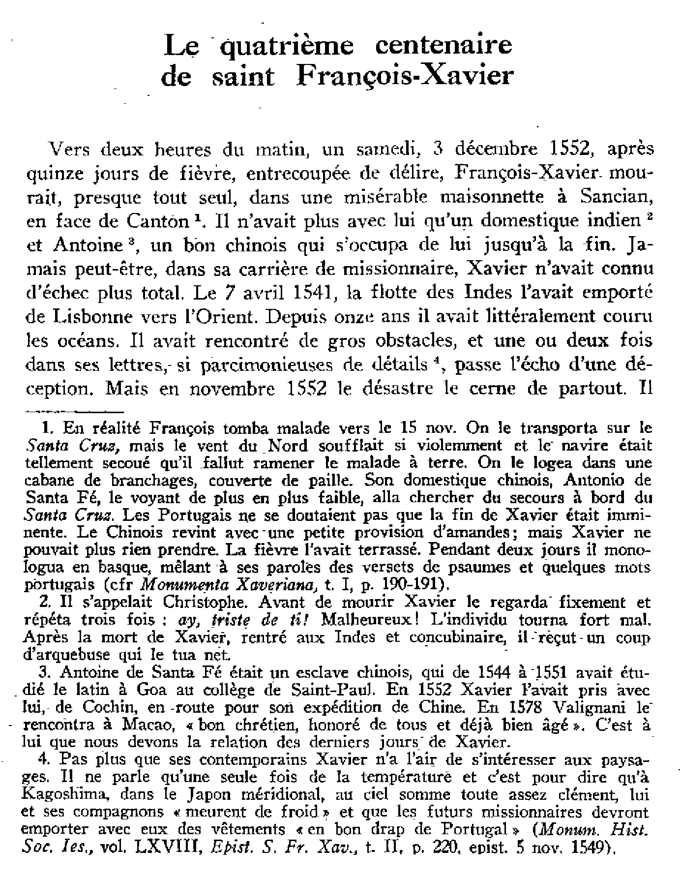 Le quatrième centenaire de saint François-Xavier