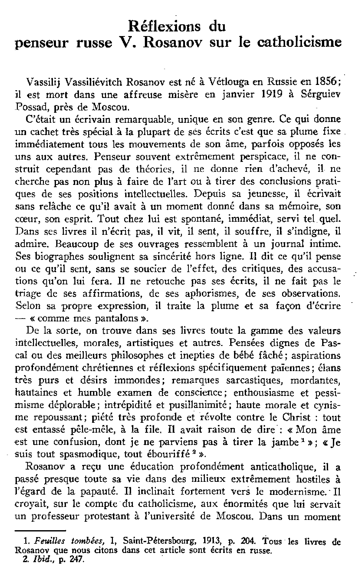 Réflexions du penseur russe V. Rosanov sur le catholicisme