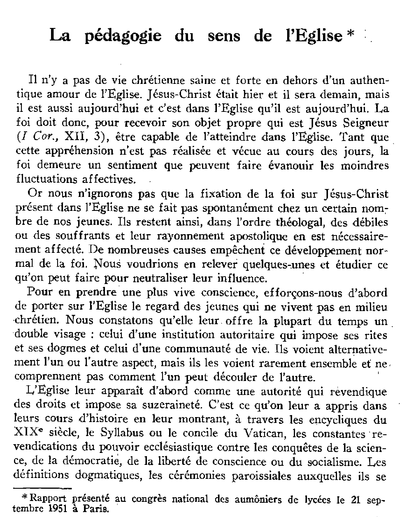 la pédagogie du sens de l'Église