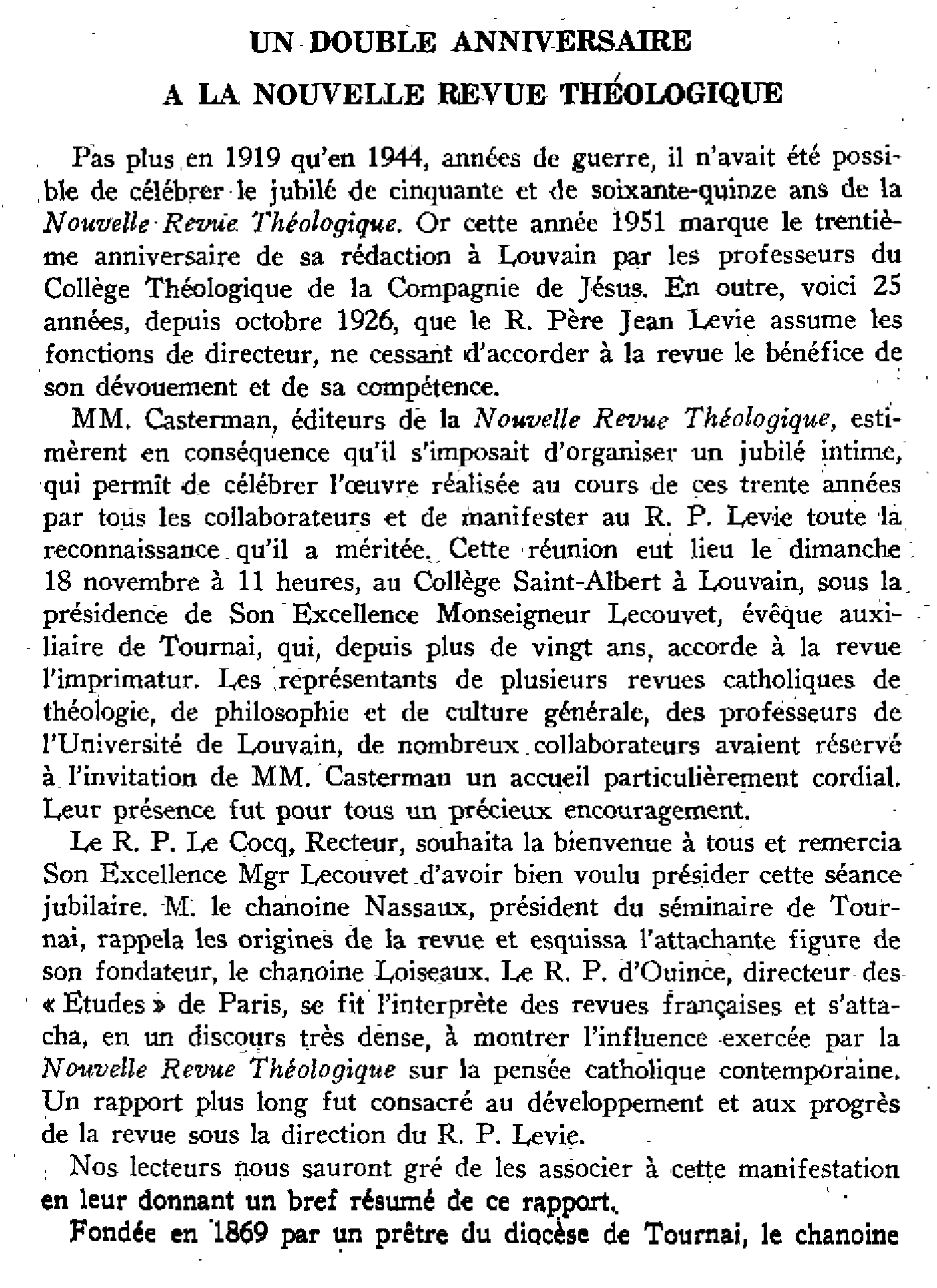 Un double anniversaire à la Nouvelle revue Théologique