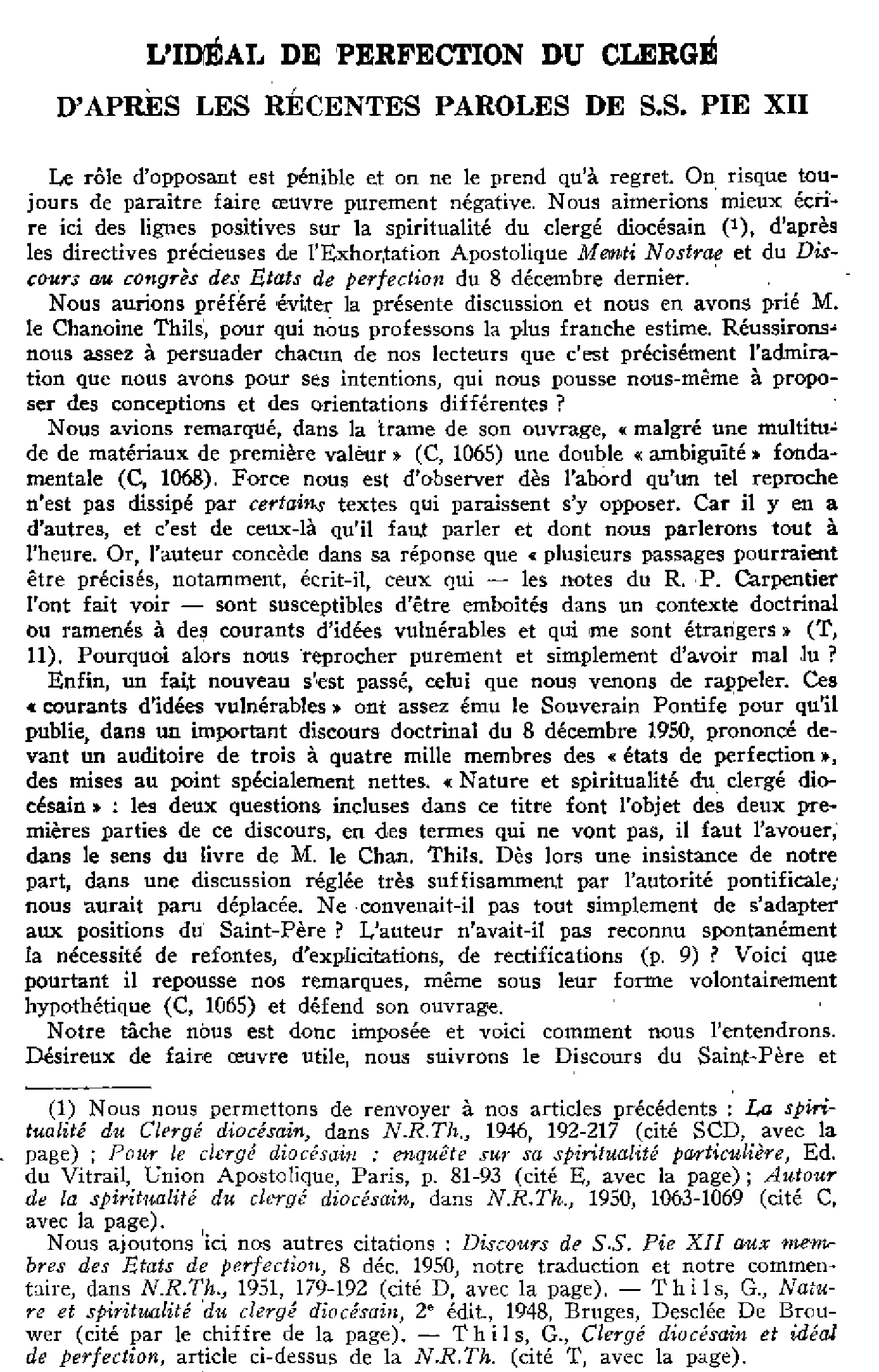 L'idéal de perfection du clergé d'après les récentes paroles de S.S. Pie XII