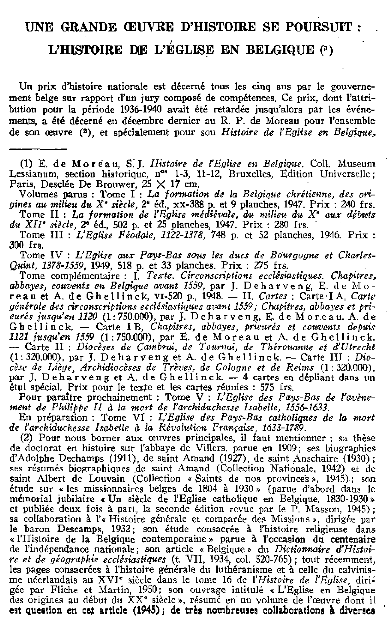 Une grande oeuvre d'histoire se poursuit : l'Histoire de l'Église en Belgique