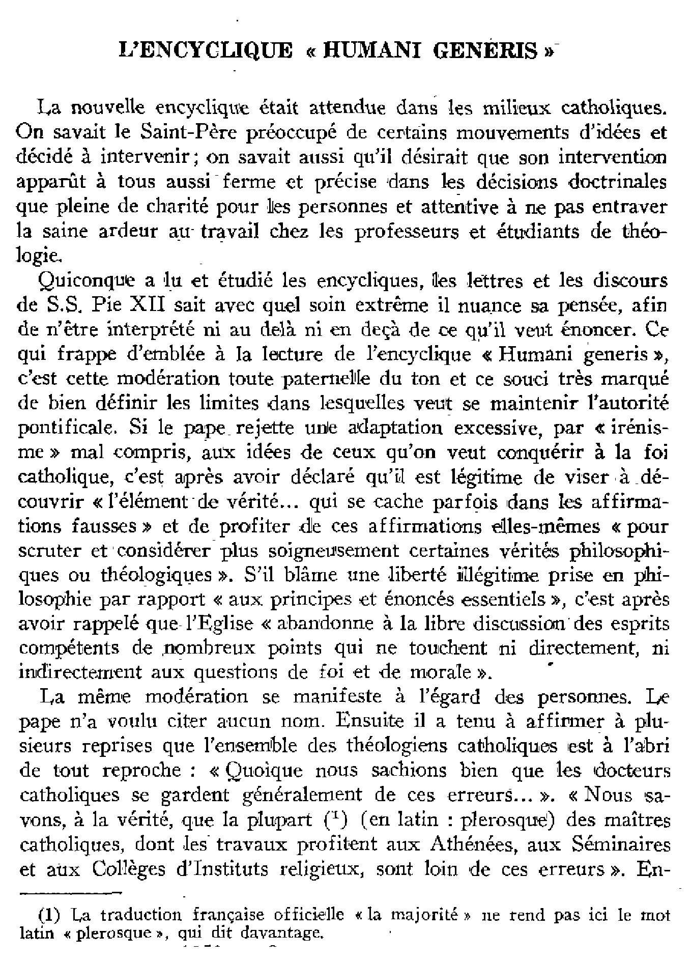 L'encyclique « Humani Generis »