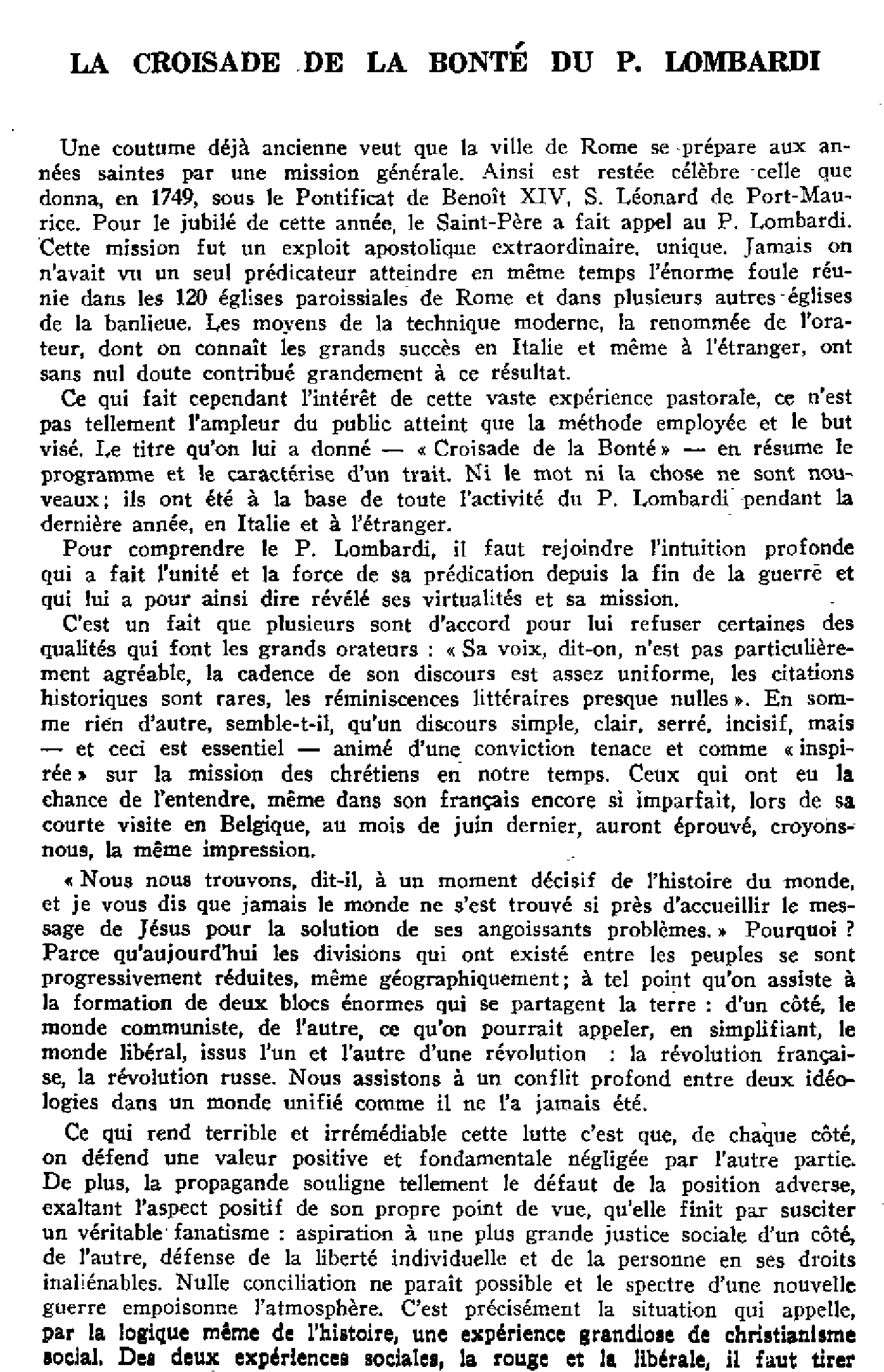 La croisade de la bonté du P. Lombardi