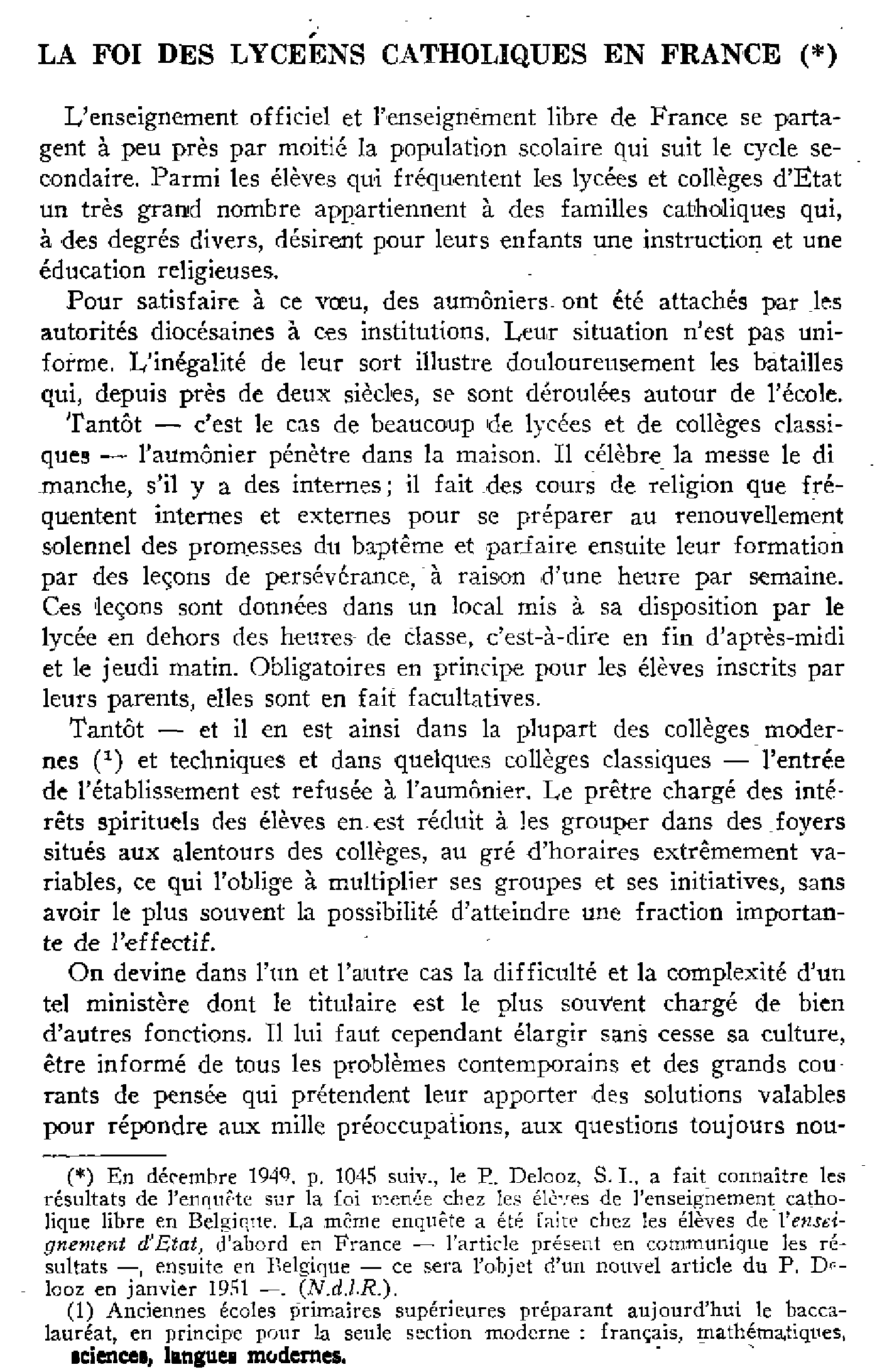 La foi des lycéens catholiques en France