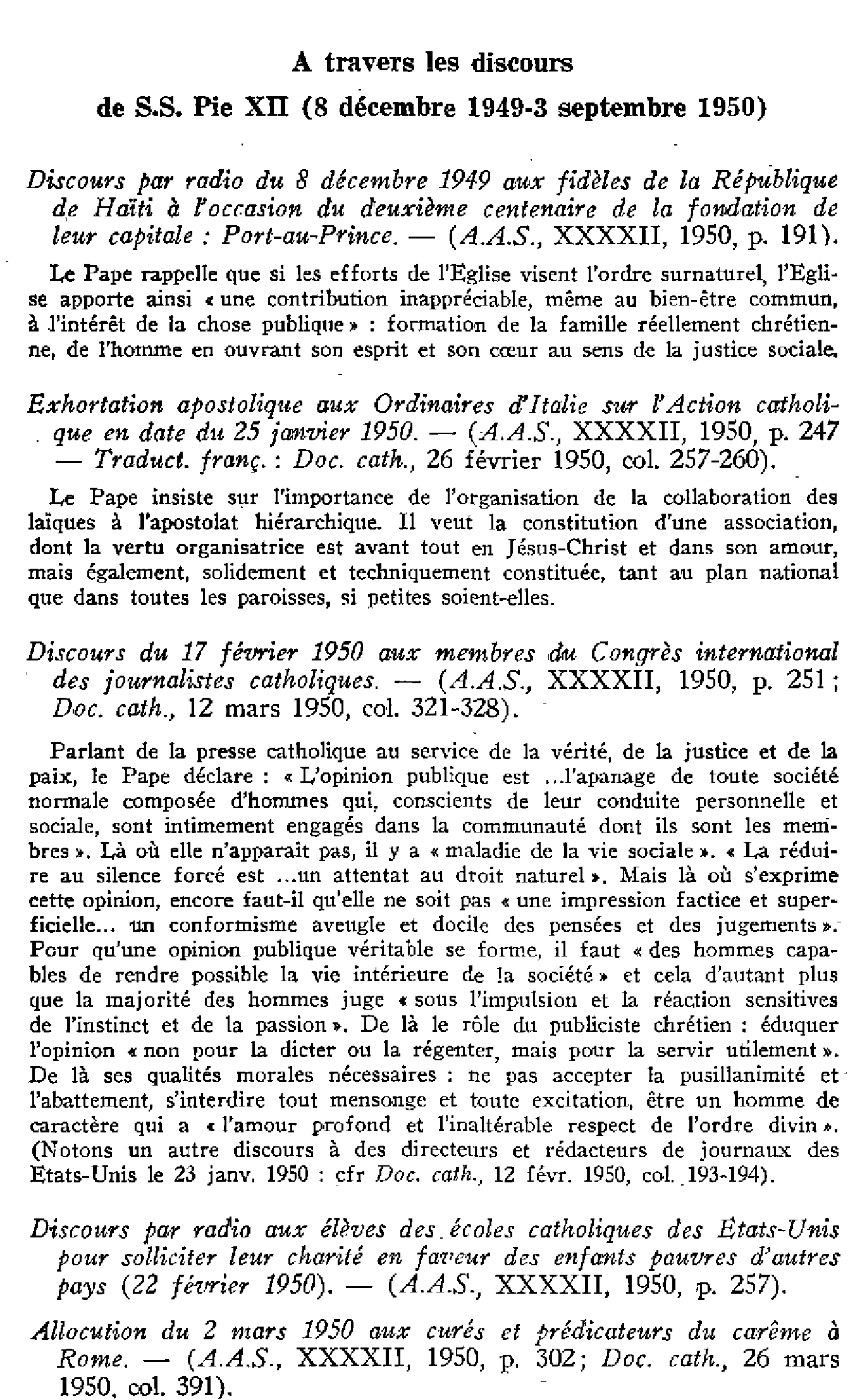À travers les discours de S.S. Pie XII (8 décembre 1949-3 septembre 1950)
