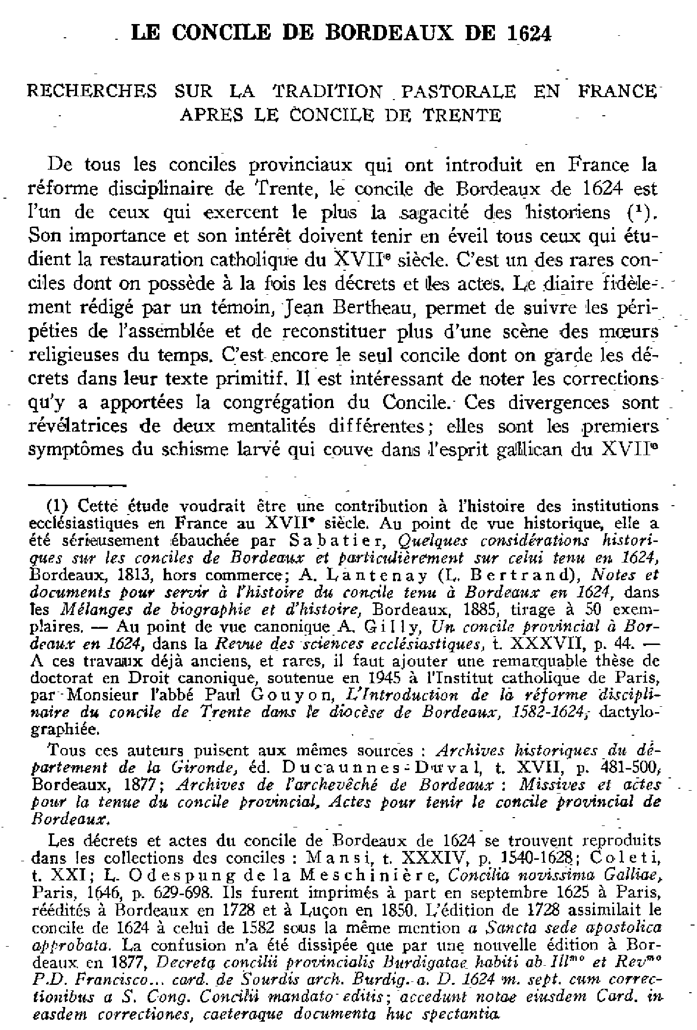 Le concile de Bordeaux de 1624. Recherches sur la tradition pastorale en France après le concile de Trente