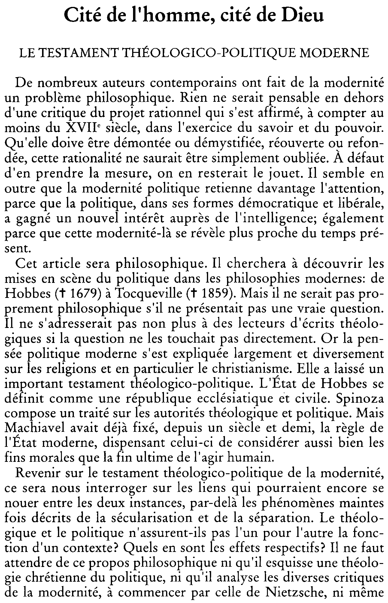 Cité de l'homme, cité de Dieu. Le testament théologico-politique moderne