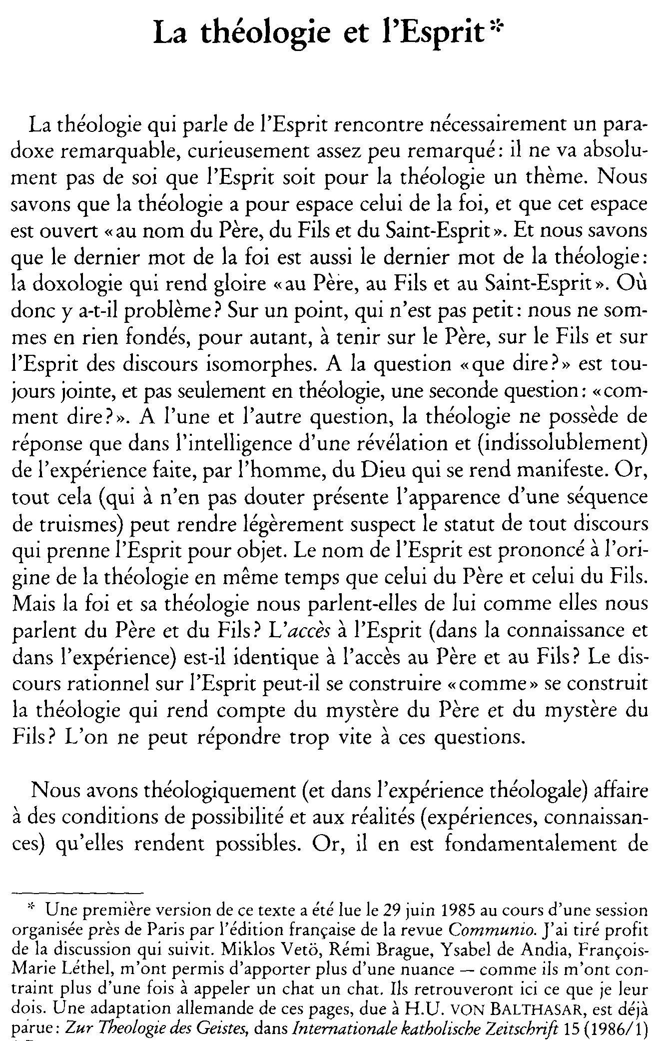 La théologie et l'Esprit
