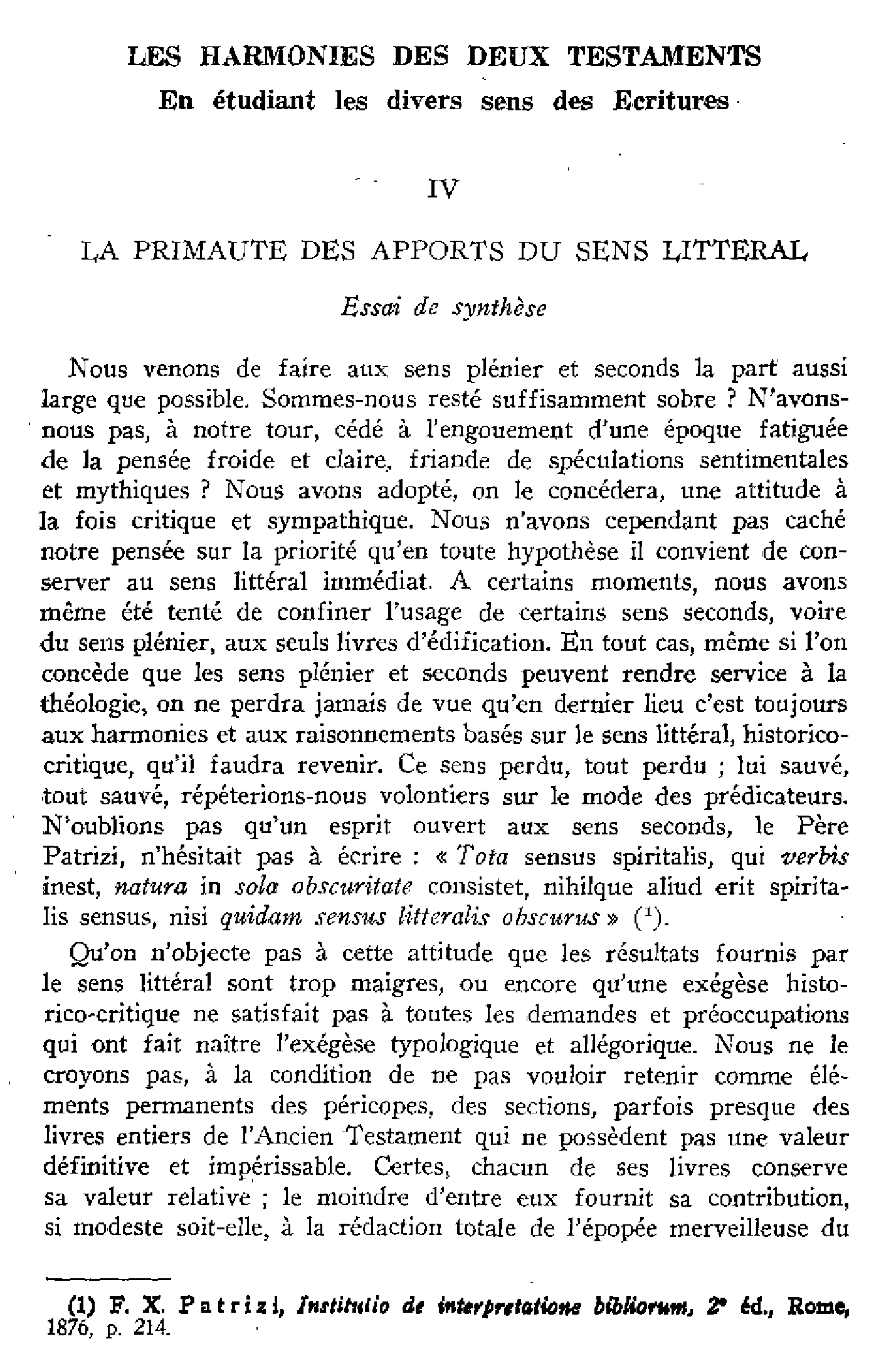 Les harmonies des deux testaments. IV. La primauté des apports du sens littéral. Essai de synthèse