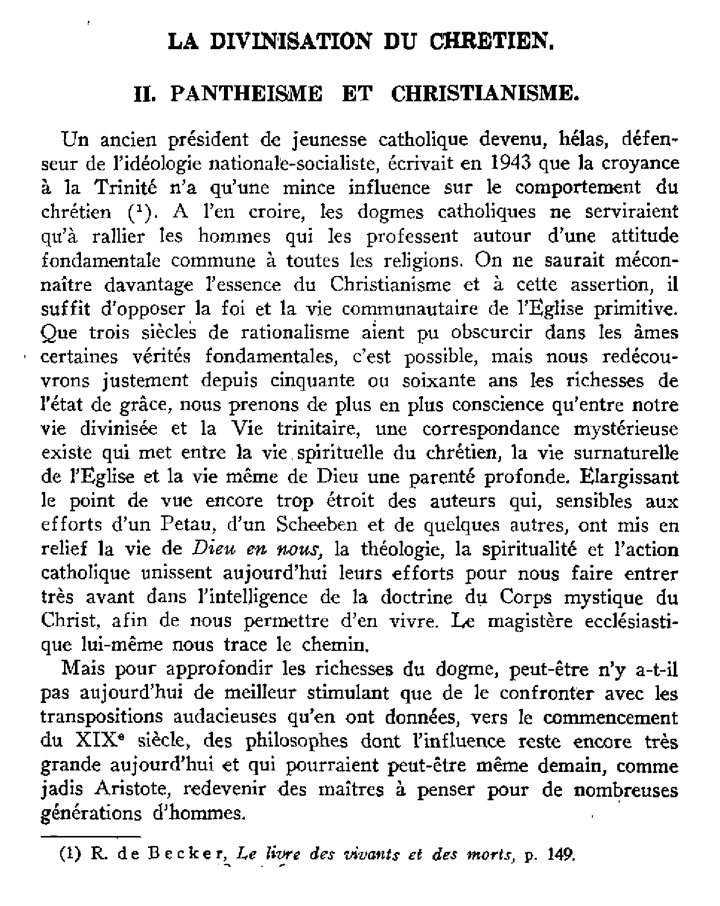 La divinisation du chrétien. II. Panthéisme et christianisme