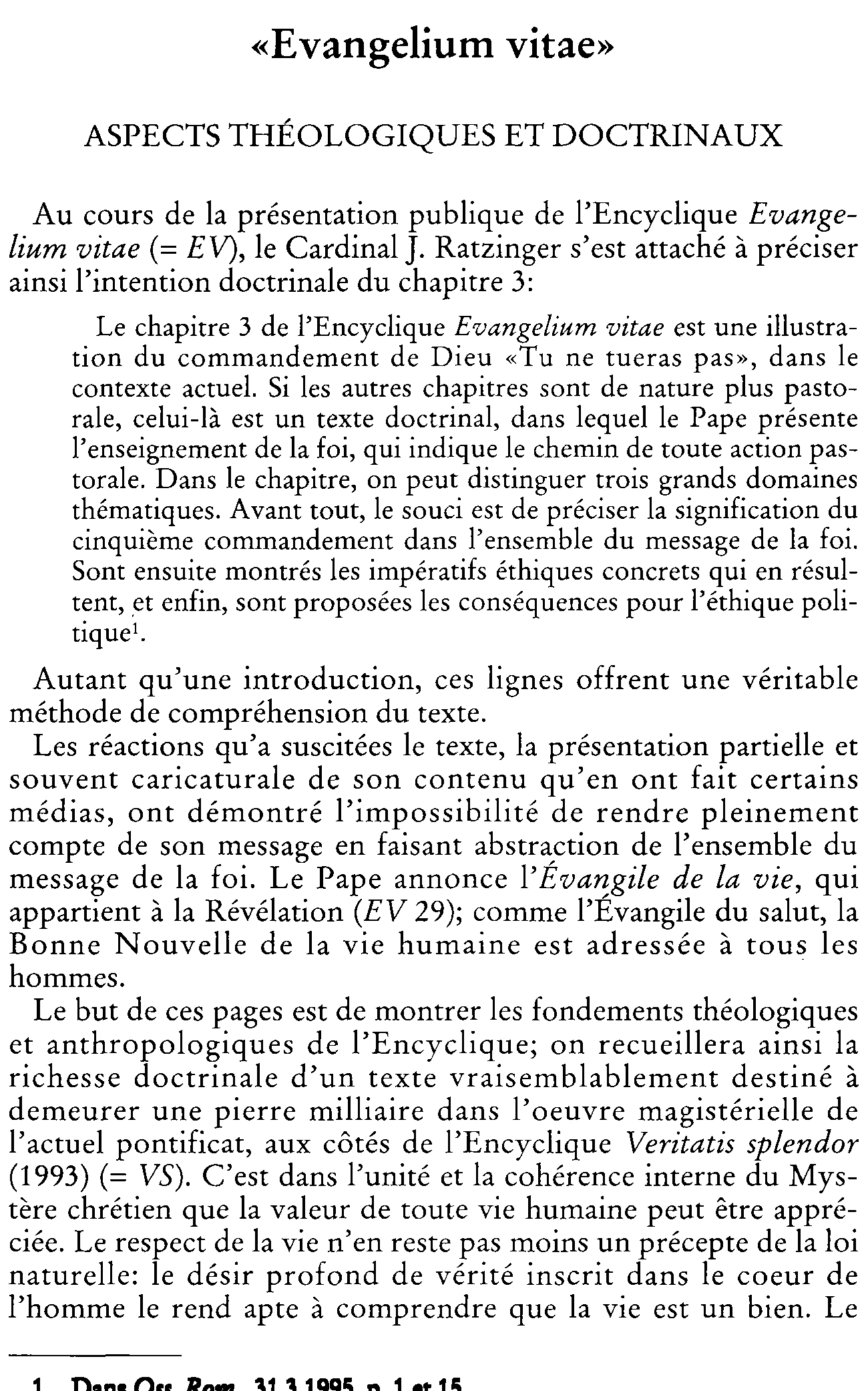 Evangelium Vitae. Aspects théologiques et doctrinaux