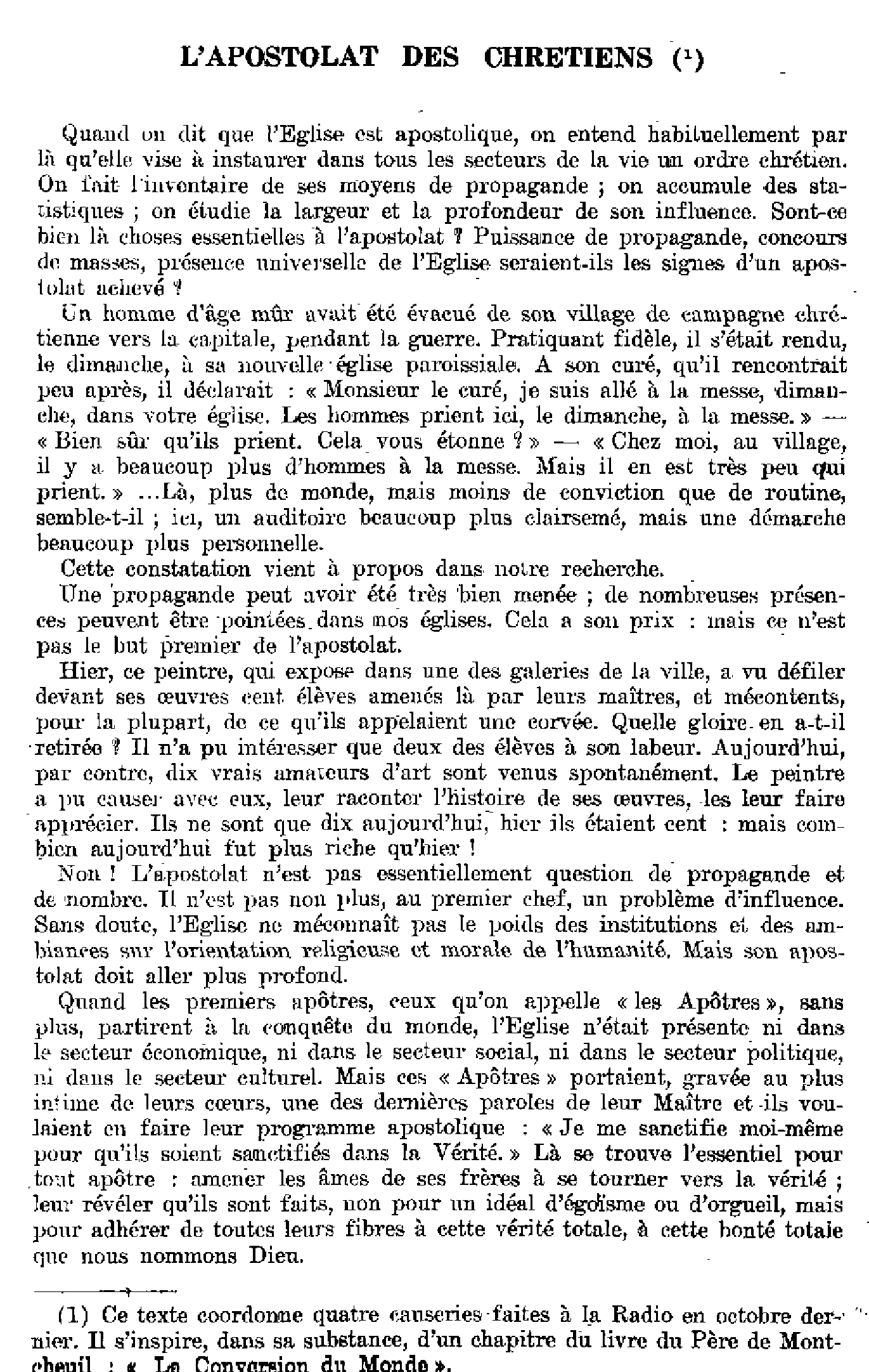 L'apostolat des chrétiens