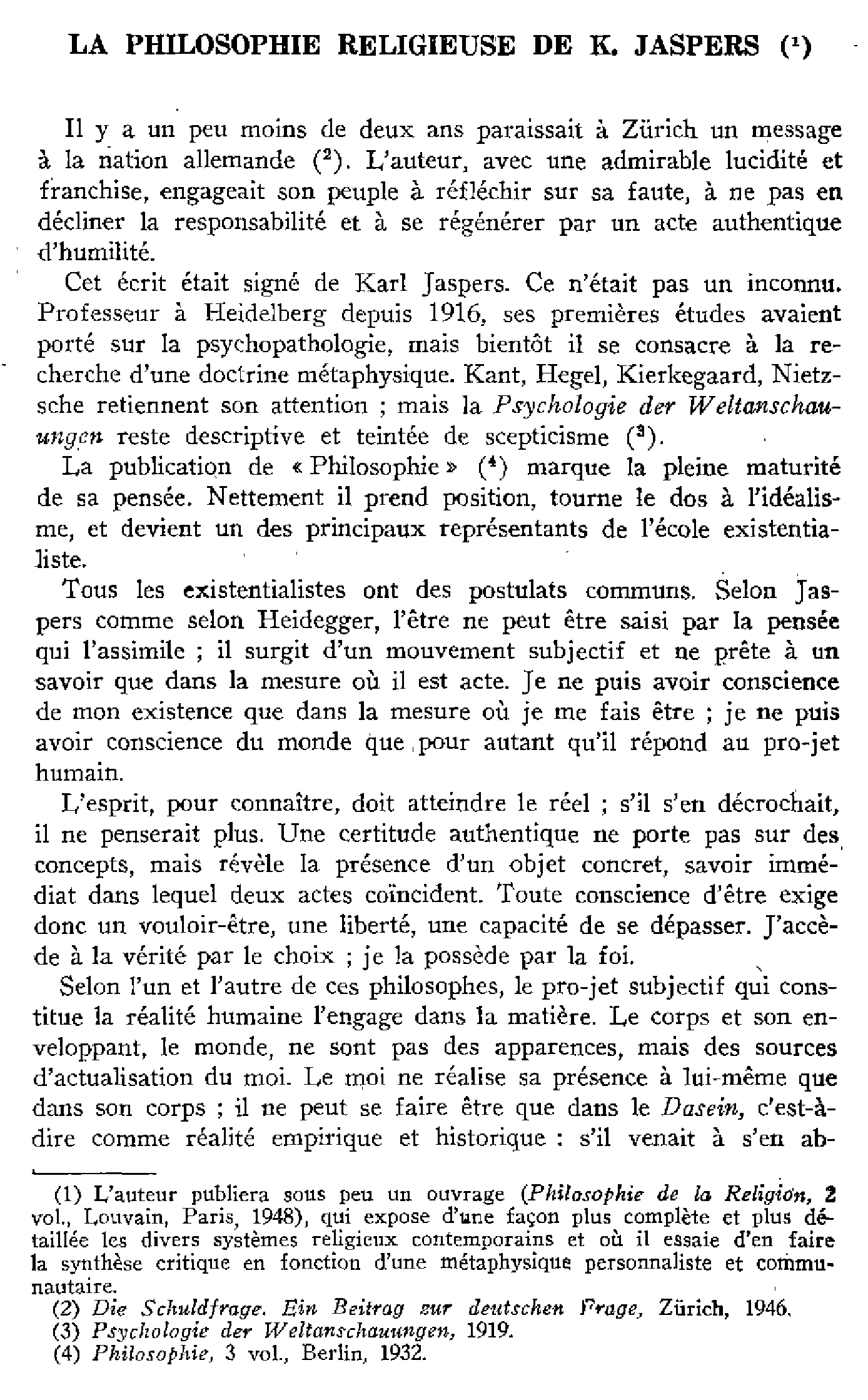 La philosophie religieuse de K. Jaspers