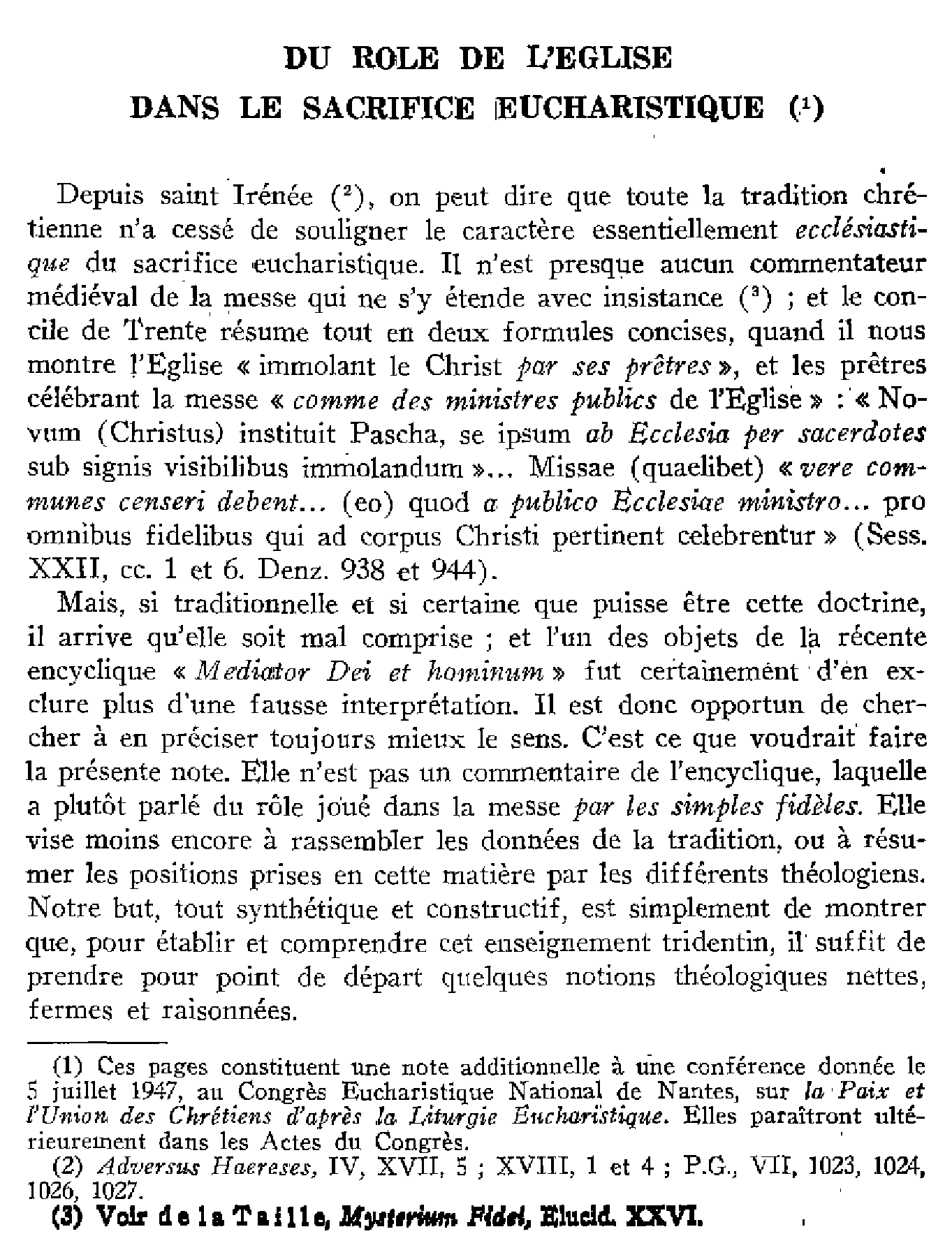 Du rôle de l'Église dans le sacrifice eucharistique