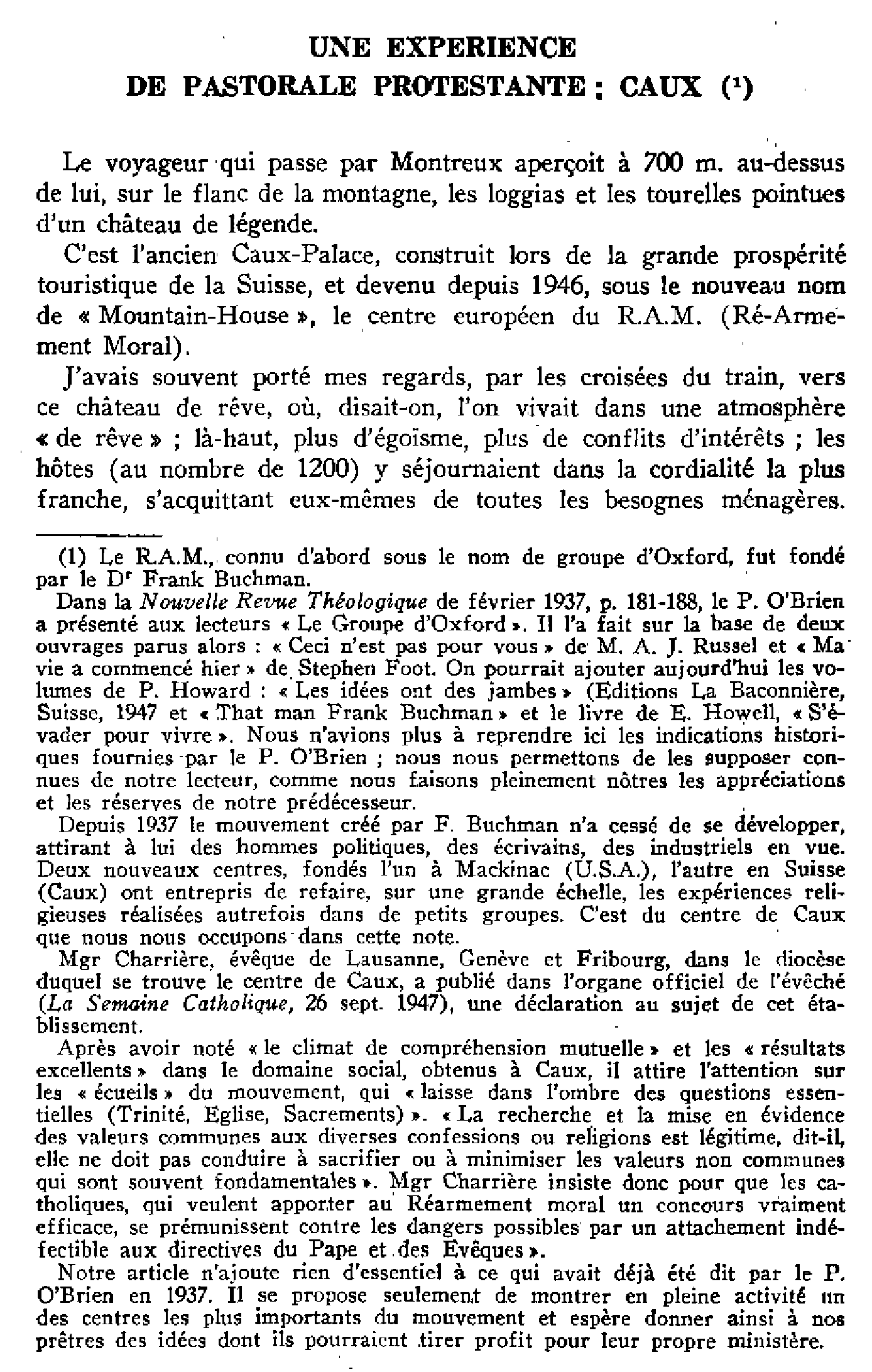 Une expérience de pastorale protestante : Caux