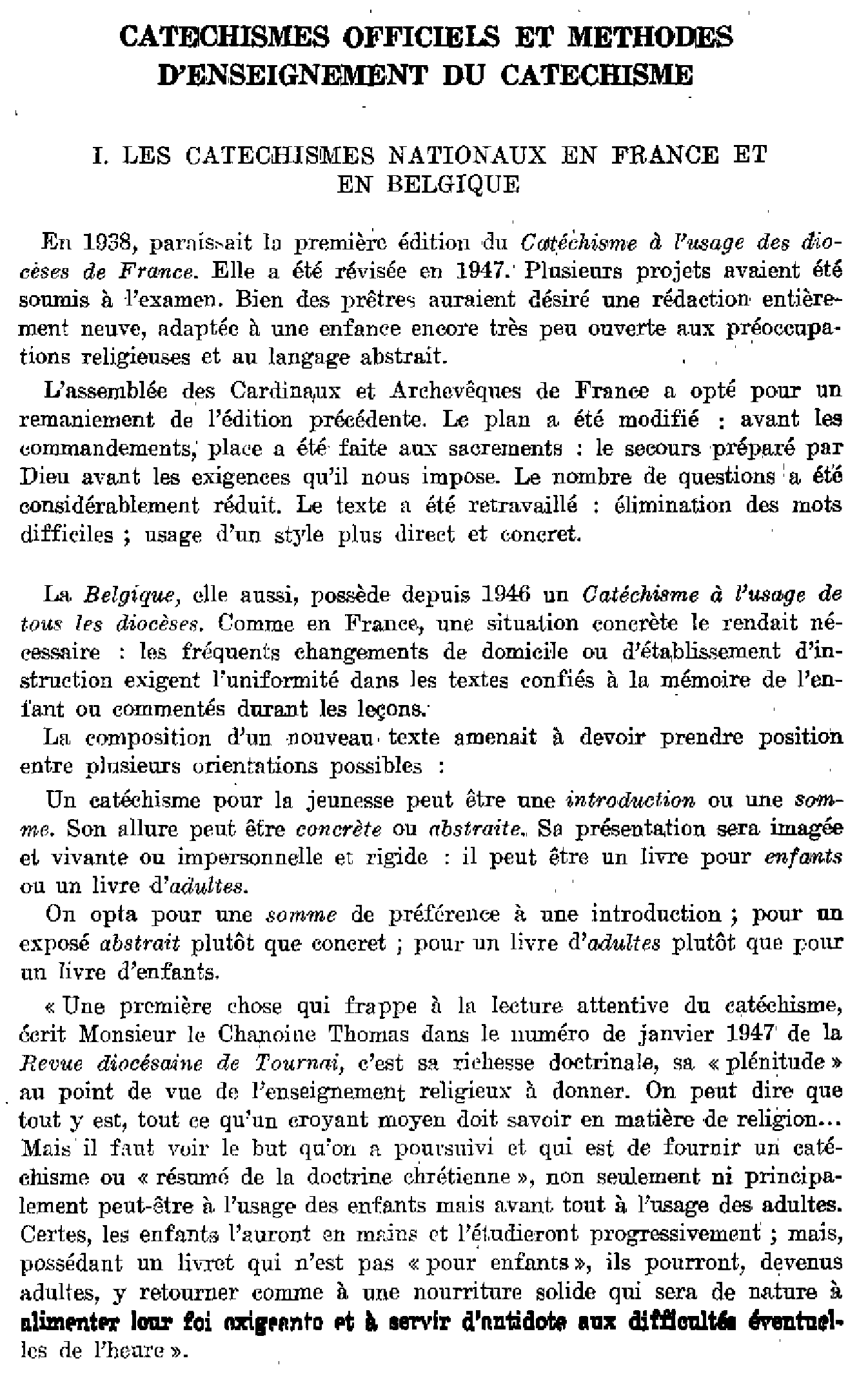 Catéchismes officiels et méthodes d'enseignements du catéchisme