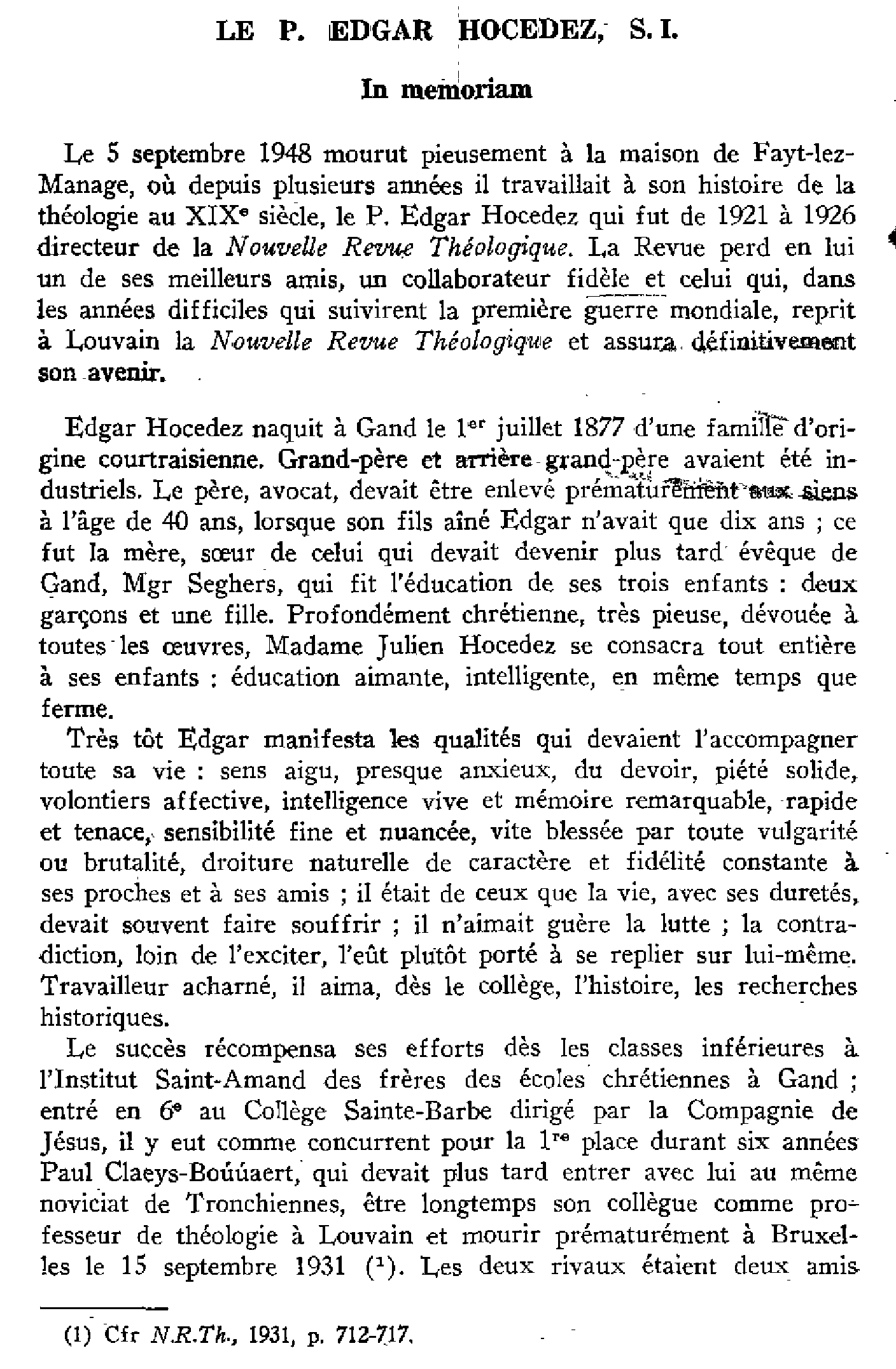 Le Père Edgar Hocedez, s.j. In memoriam