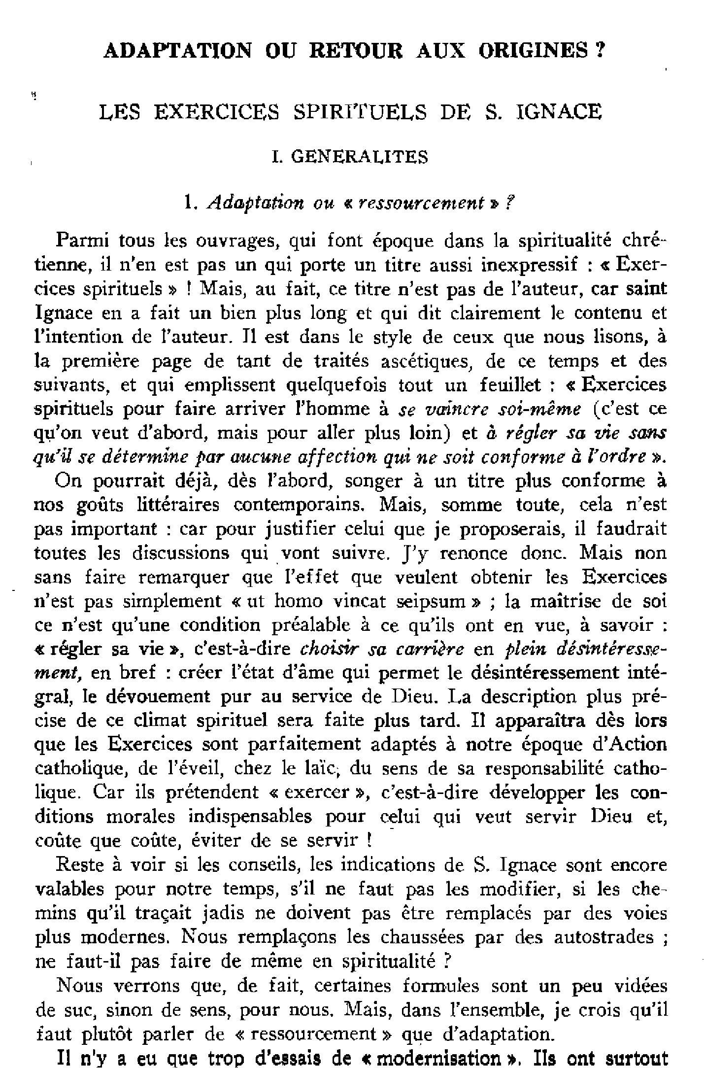 Adaptation ou retour aux origines ? Les exercices spirituels de saint Ignace
