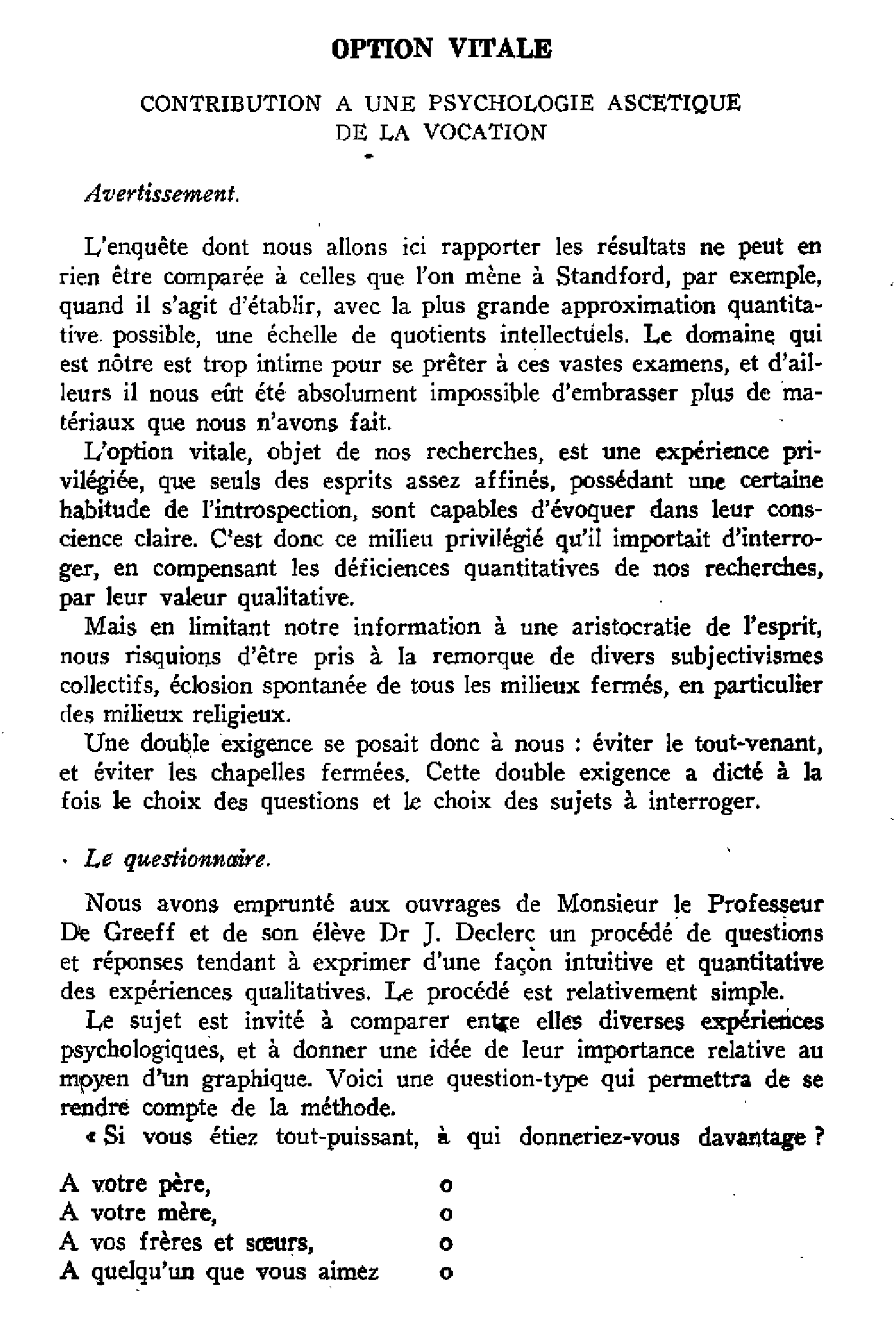 Option vitale. Contribution à une psychologie ascétique de la vocation