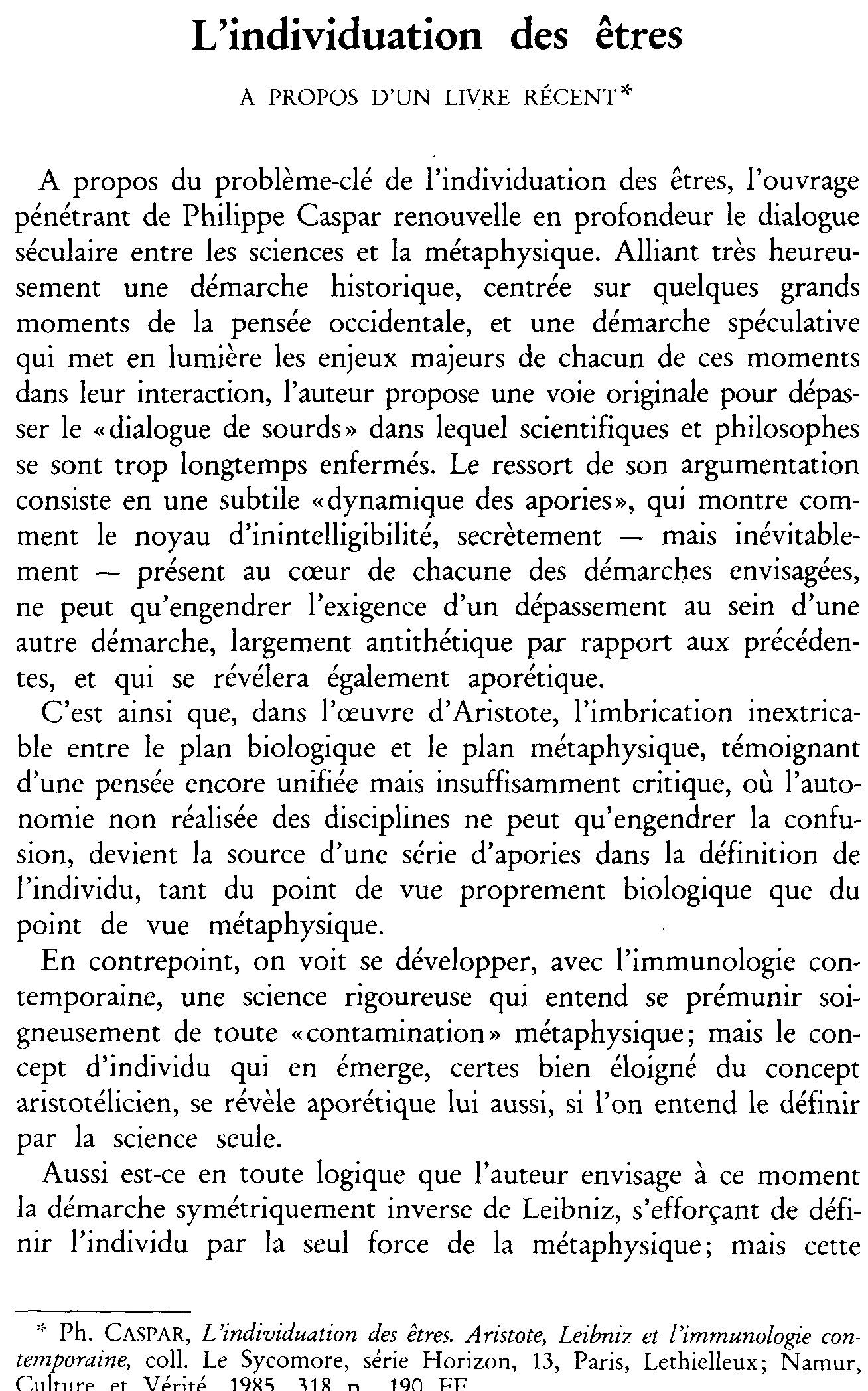 L'individuation des êtres. À propos d'un livre récent
