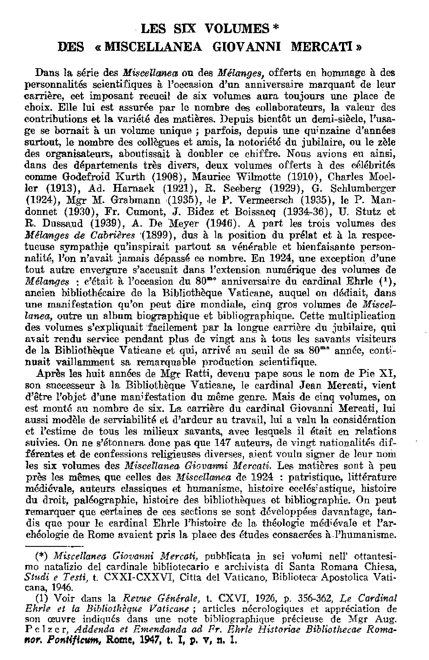 Les six volumes des « Miscellanea Giovanni Mercati »