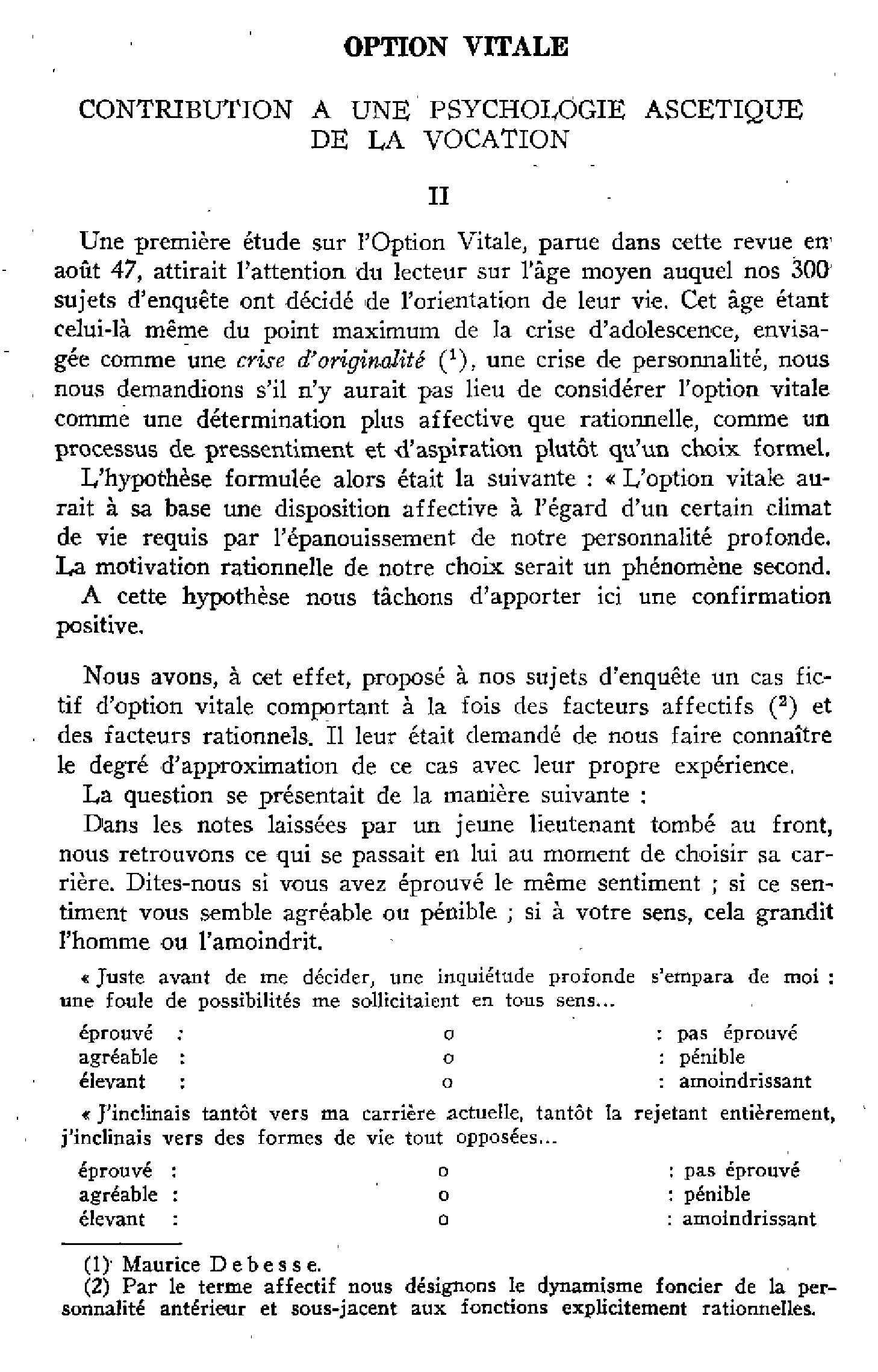 Option vitale. Contribution à une psychologie ascétique de la vocation