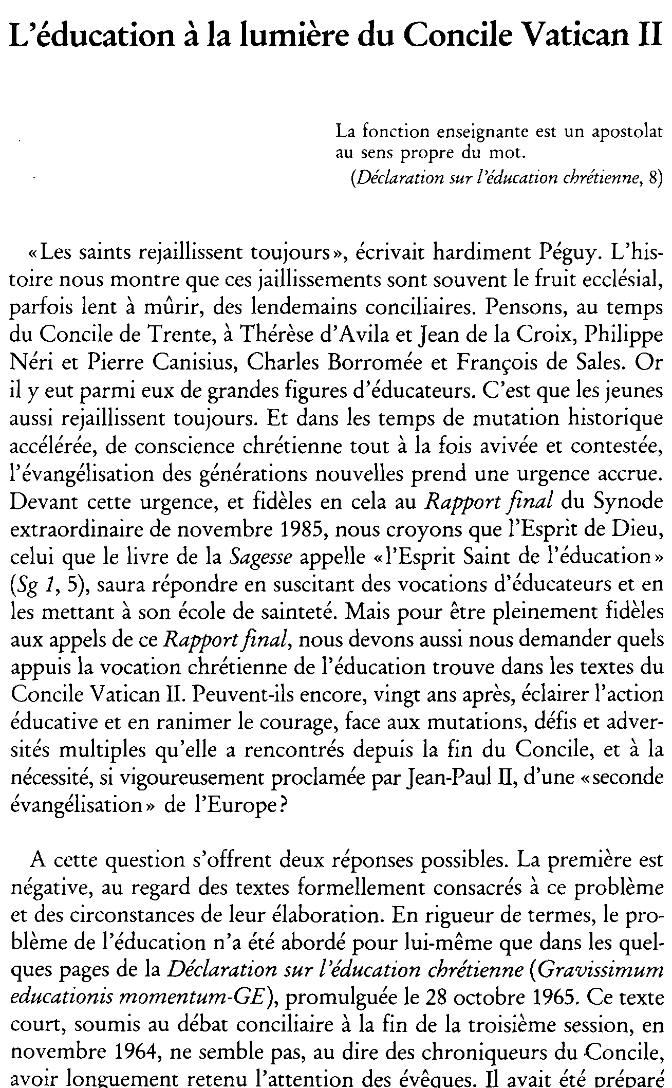L'éducation à  la lumière du Concile Vatican II
