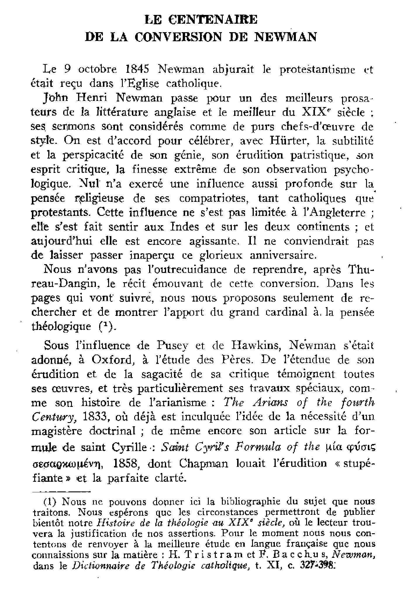 Le centenaire de la conversion de Newman