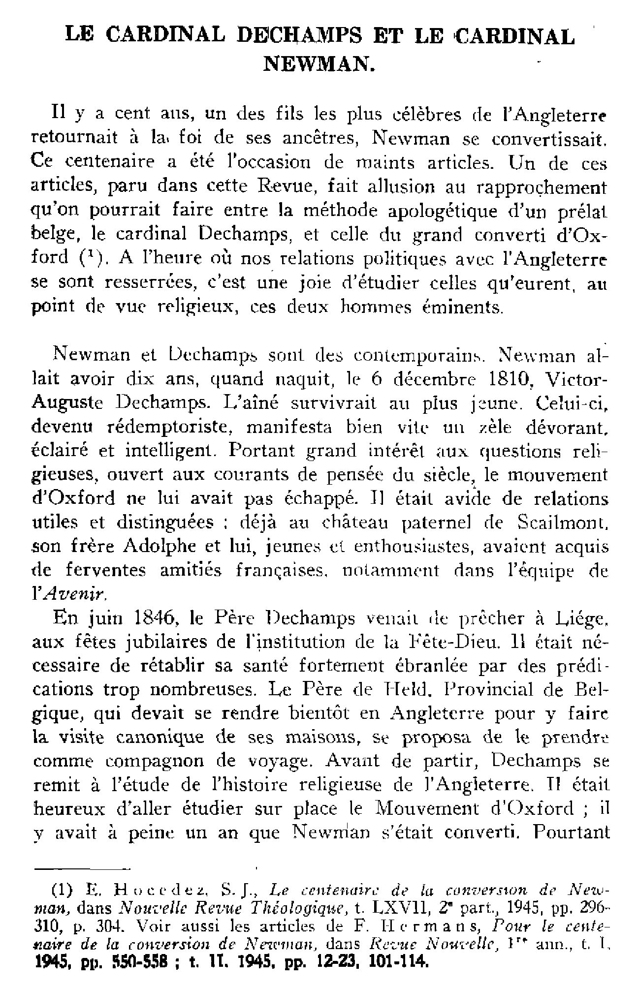 Le cardinal Dechamps et le cardinal Newman