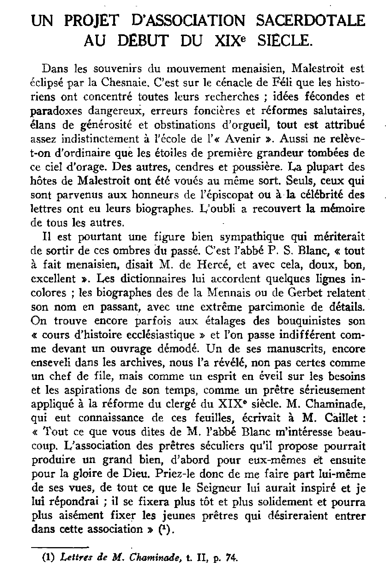 Un projet d'association sacerdotale au début du XIXe siècle