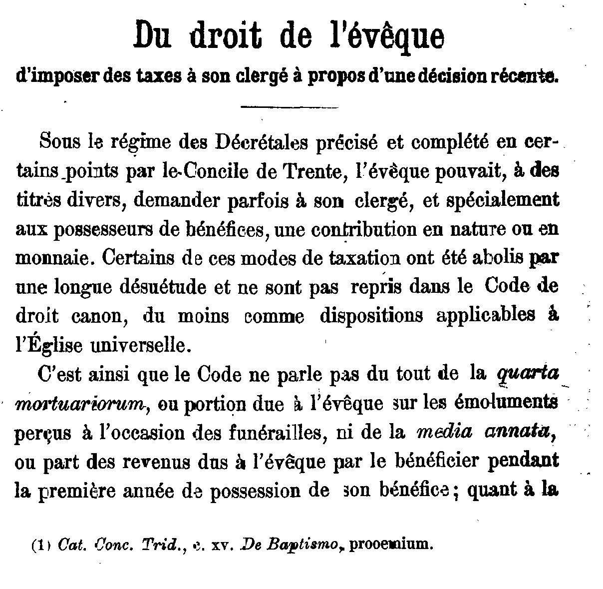 Du droit de l'évêque d'imposer des taxes à son clergé (1)