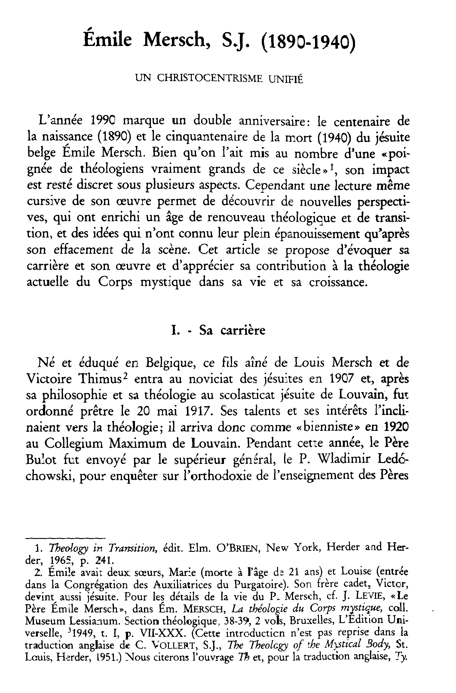 Émile Mersch, S.J. (1890-1940). Un christocentrisme unifié