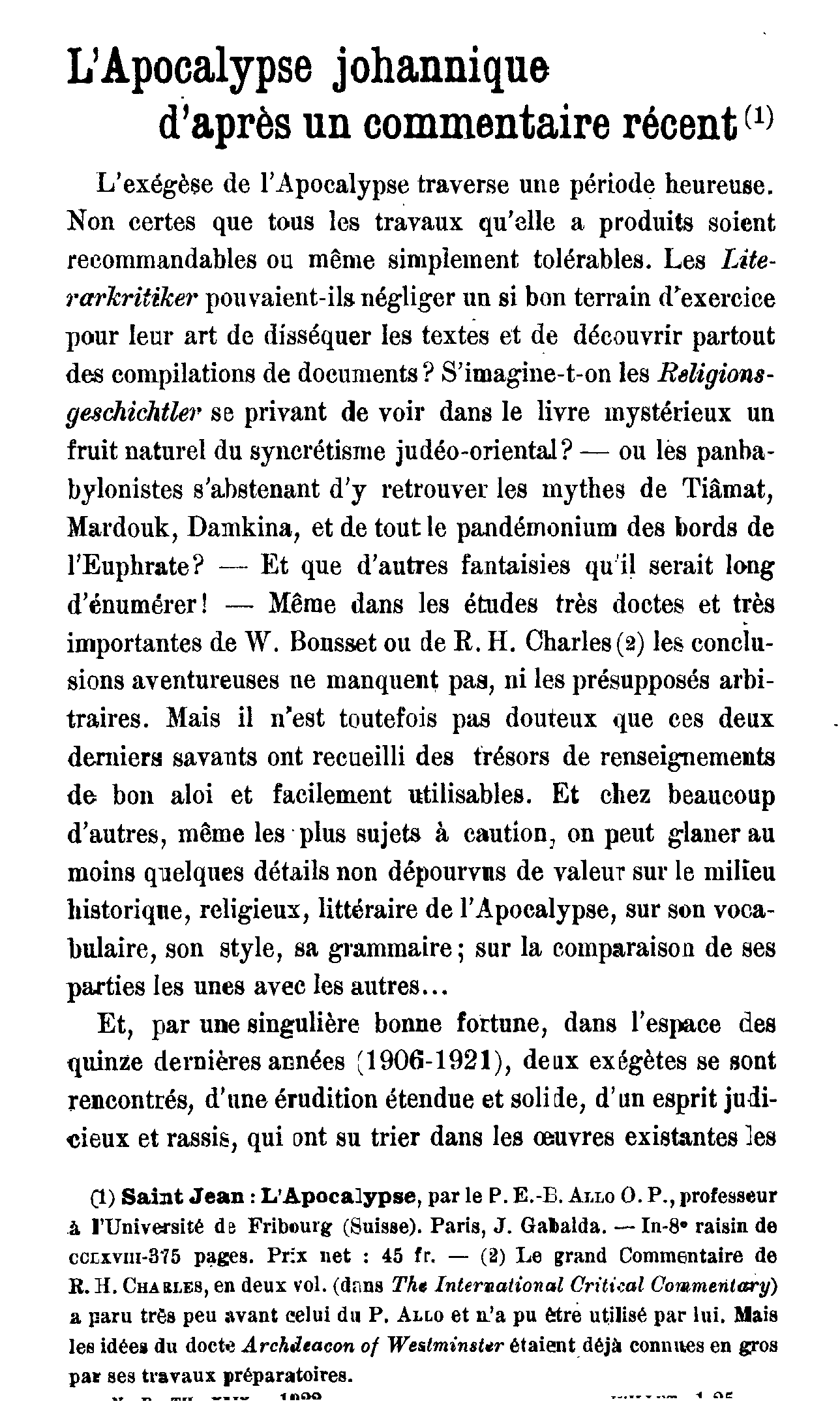 L'Apocalypse johannique d'après un commentaire récent (1)