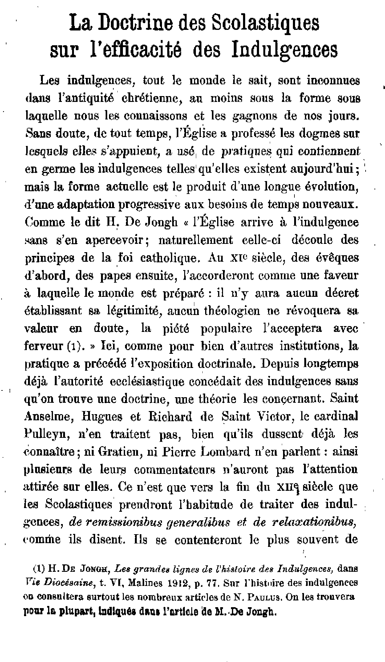 La Doctrine des Scolastiques sur l'efficacité des Indulgences (1)