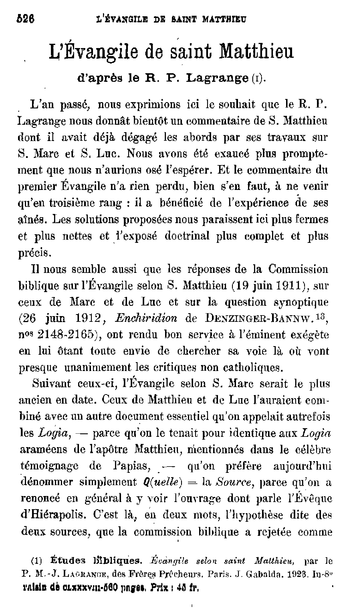L'Evangile de saint Matthieu d'après le R.P. Lagrange