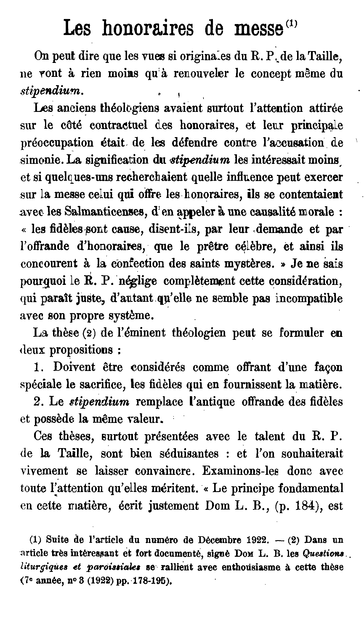 Les honoraires de messe