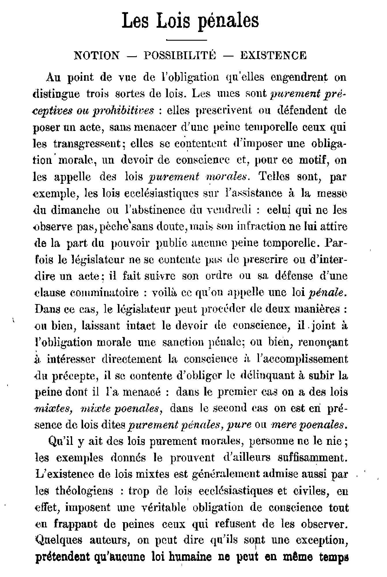 Les Lois pénales. Notion, possibilité, existence