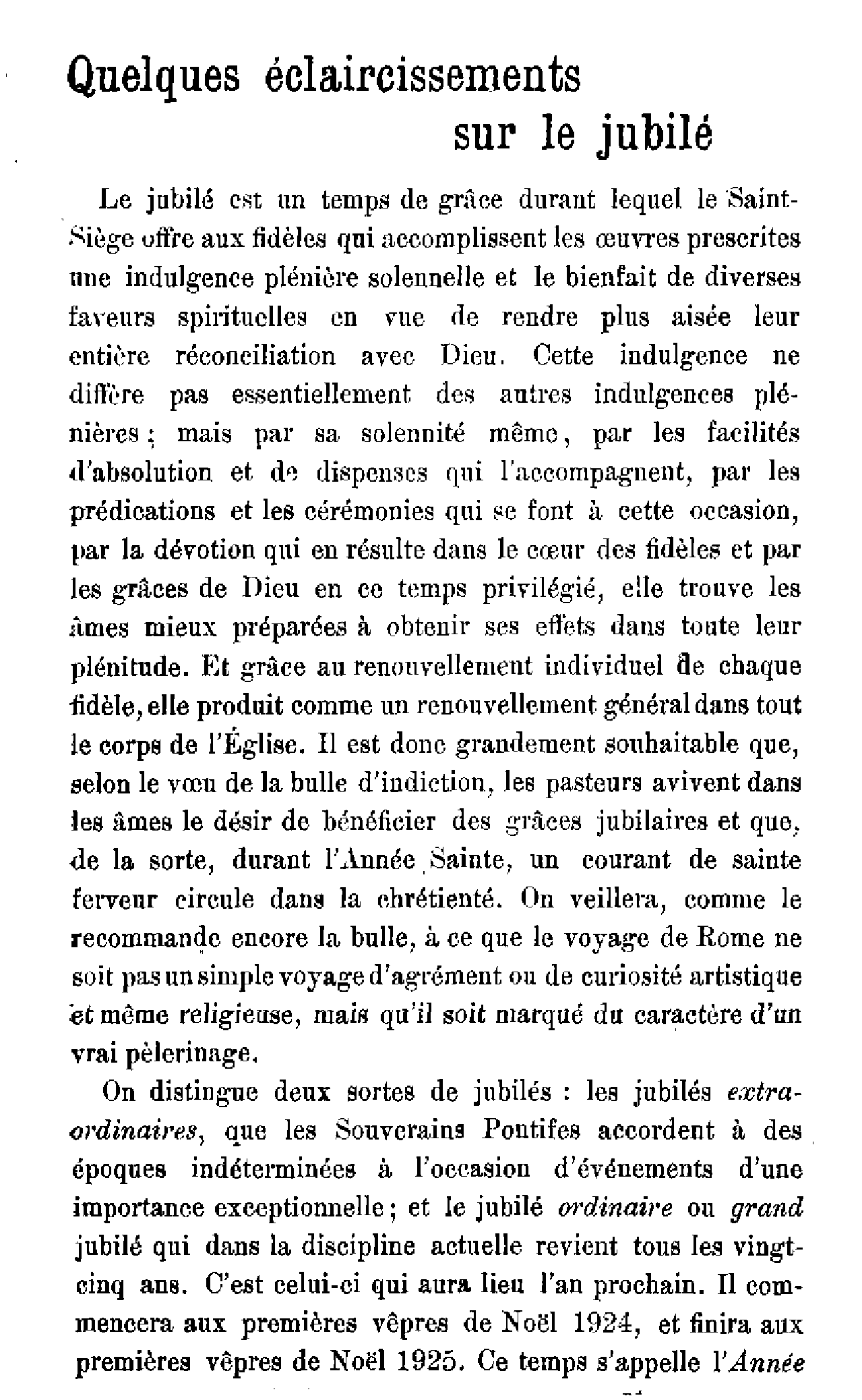 Quelques éclaircissements sur le Jubilé