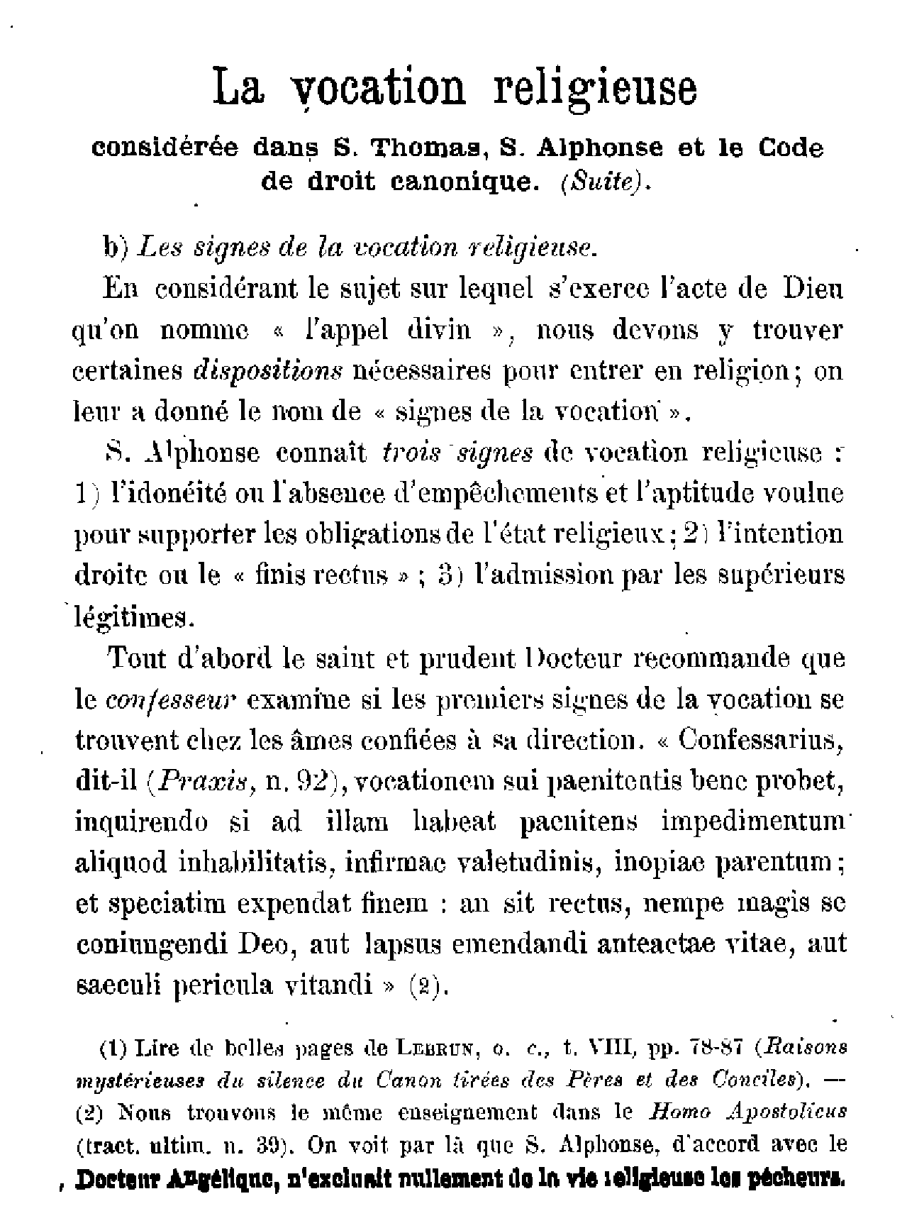 La vocation religieuse considérée dans S. Thomas, S. Alphonse et le code de droit canonique (2)