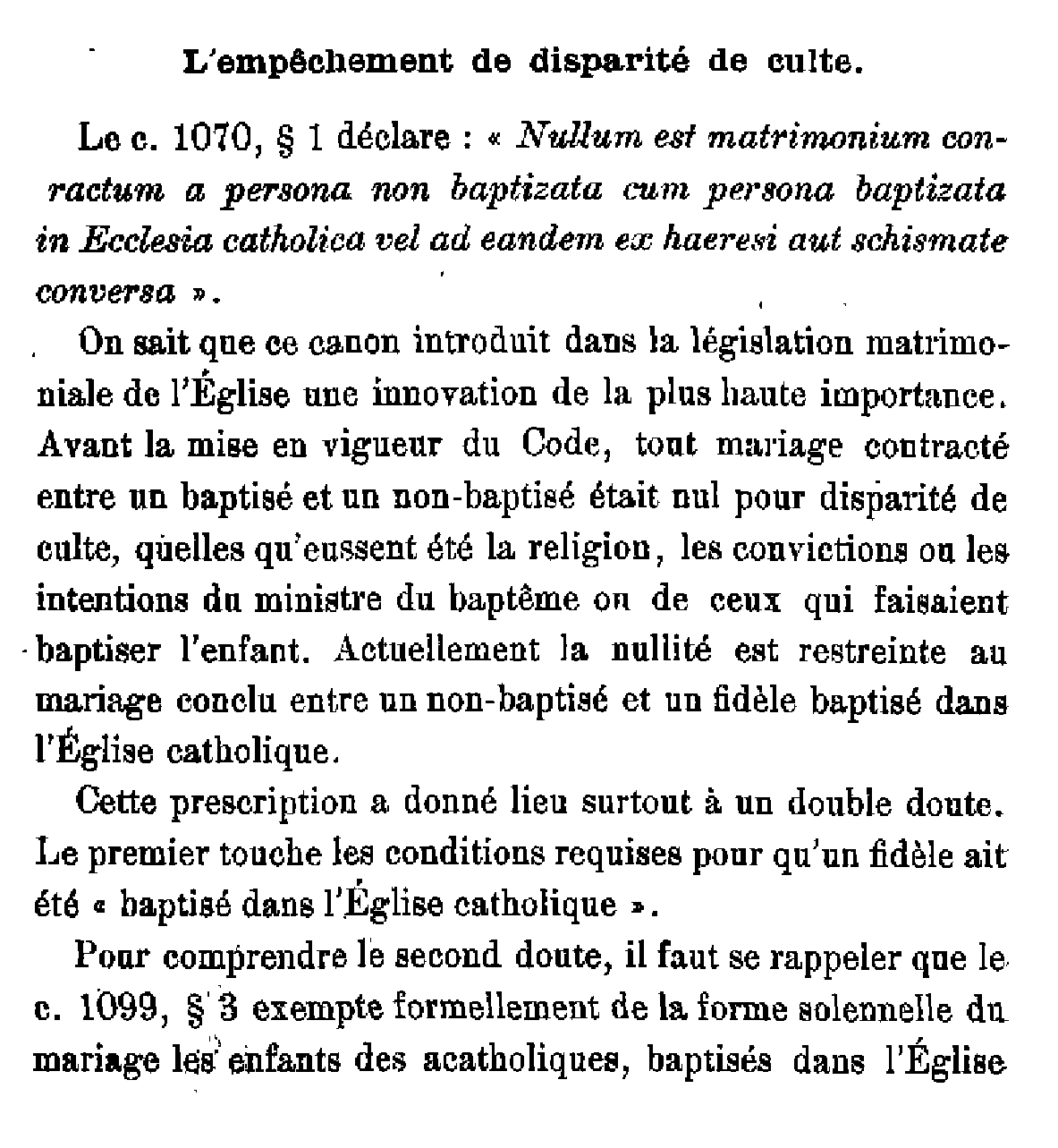 L'empêchement de disparité de culte
