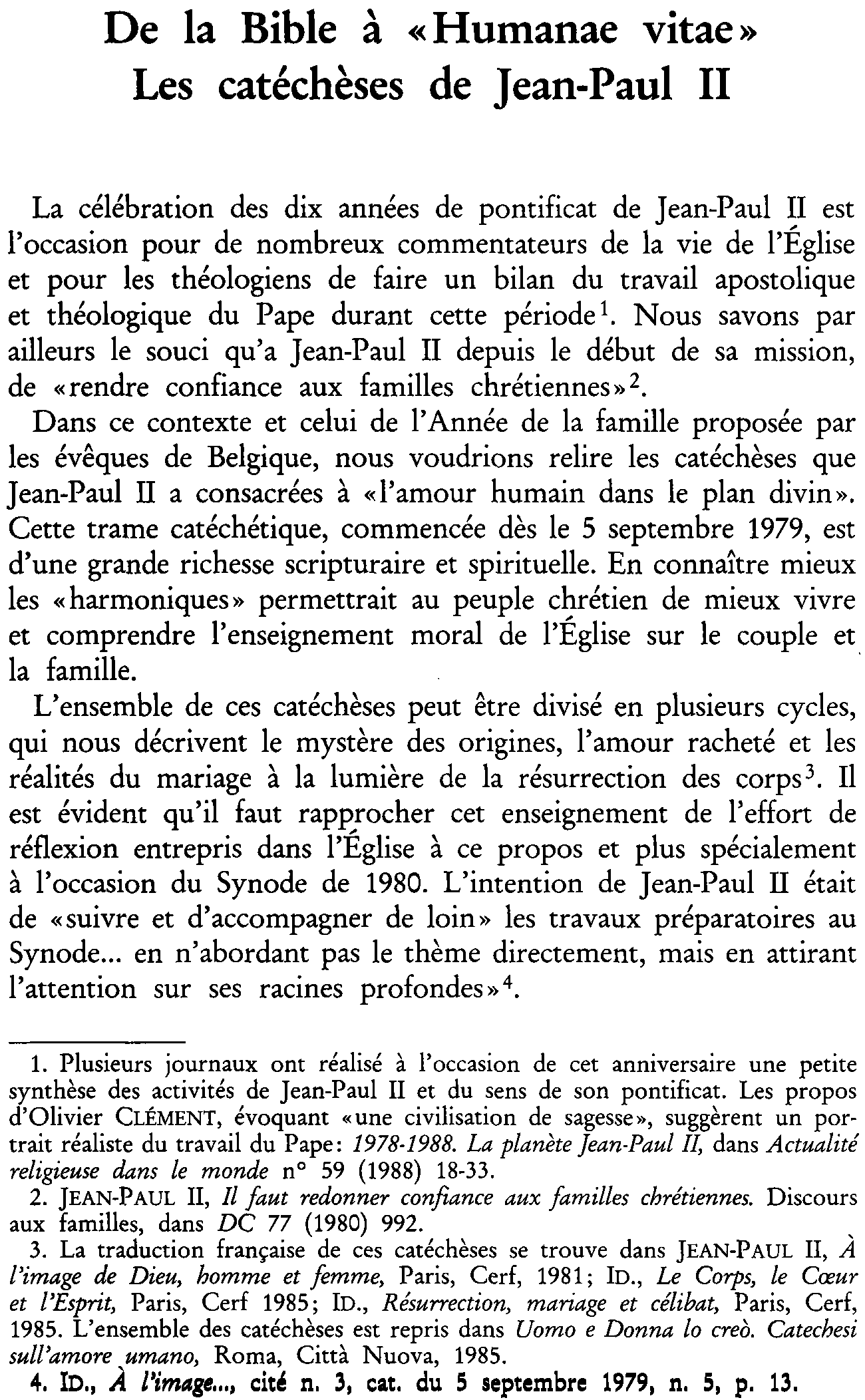 De la Bible à Humanae vitae. Les catéchèses de Jean-Paul II