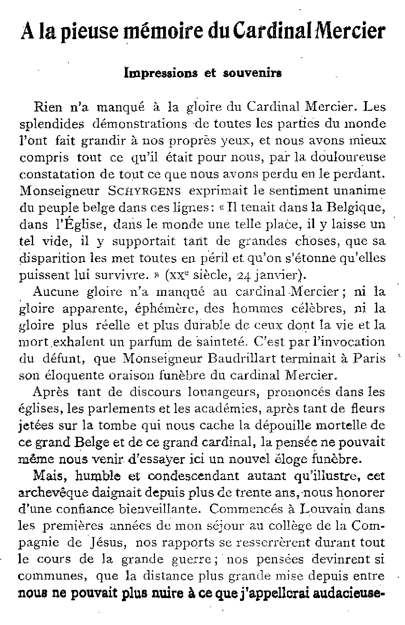 A la pieuse mémoire du Cardinal Mercier