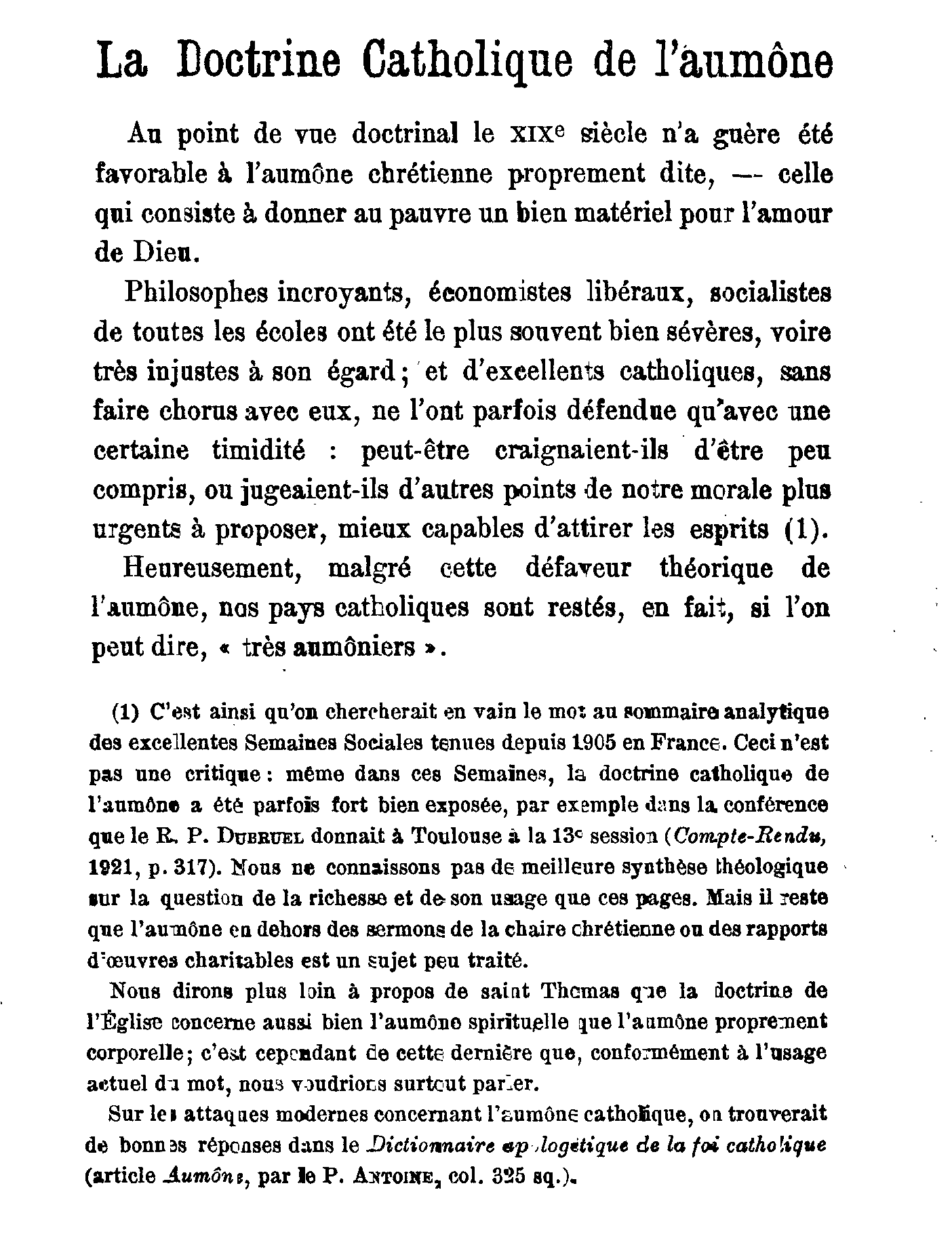 La Doctrine Catholique de l'aumône
