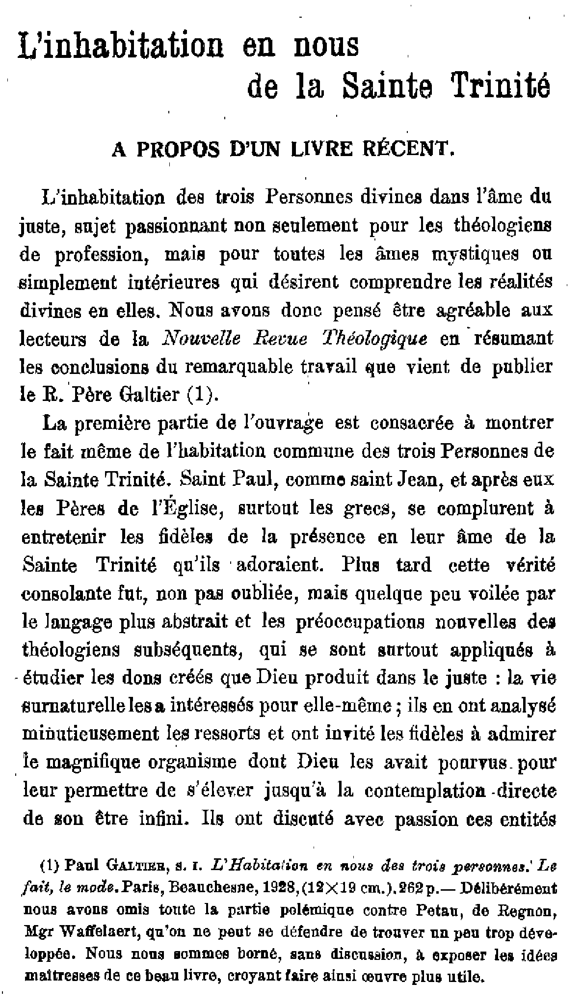 L'inhabitation en nous de la Sainte Trinité
