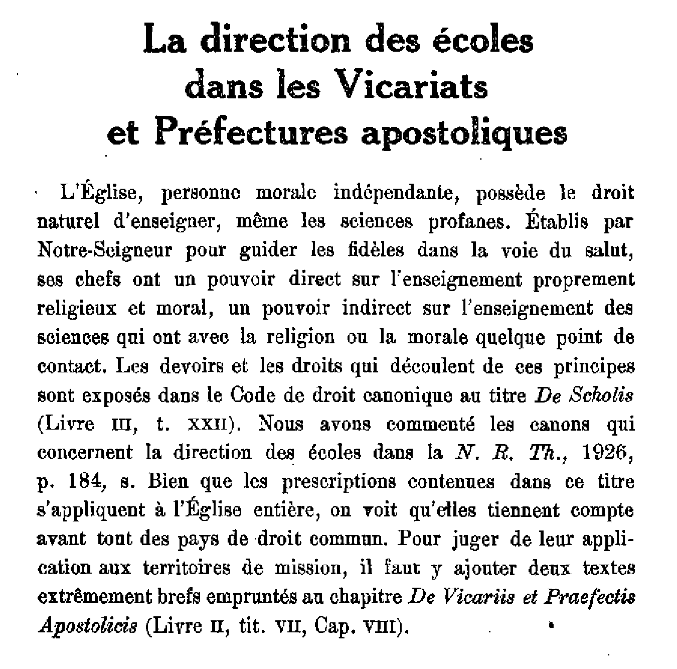 La direction des écoles dans les Vicariats et Préfectures apostoliques