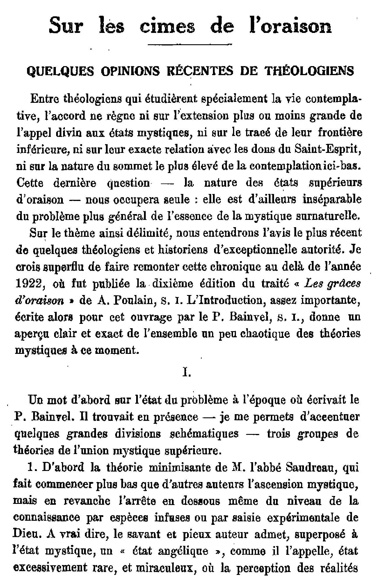 Sur les cimes de l'oraison. Quelques opinions récentes de théologiens (1)